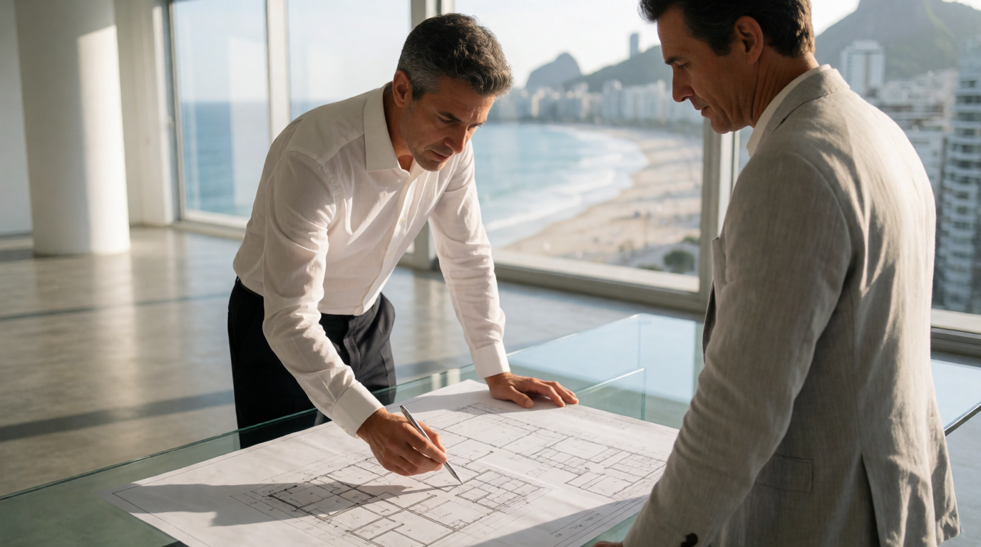 Arquiteto analisando planta baixa de studio com cliente