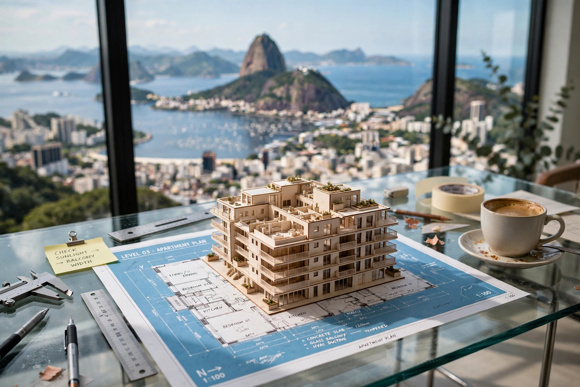 Planta de apartamento moderno e maquete de edifício residencial