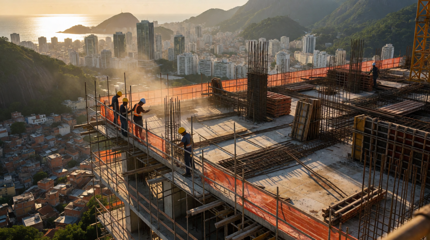 Canteiro de obras de um edifício moderno no Rio de Janeiro