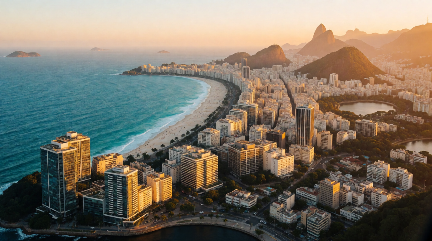 Vista aérea dos bairros do Rio de Janeiro mostrando Zona Sul, Barra da Tijuca e região central
