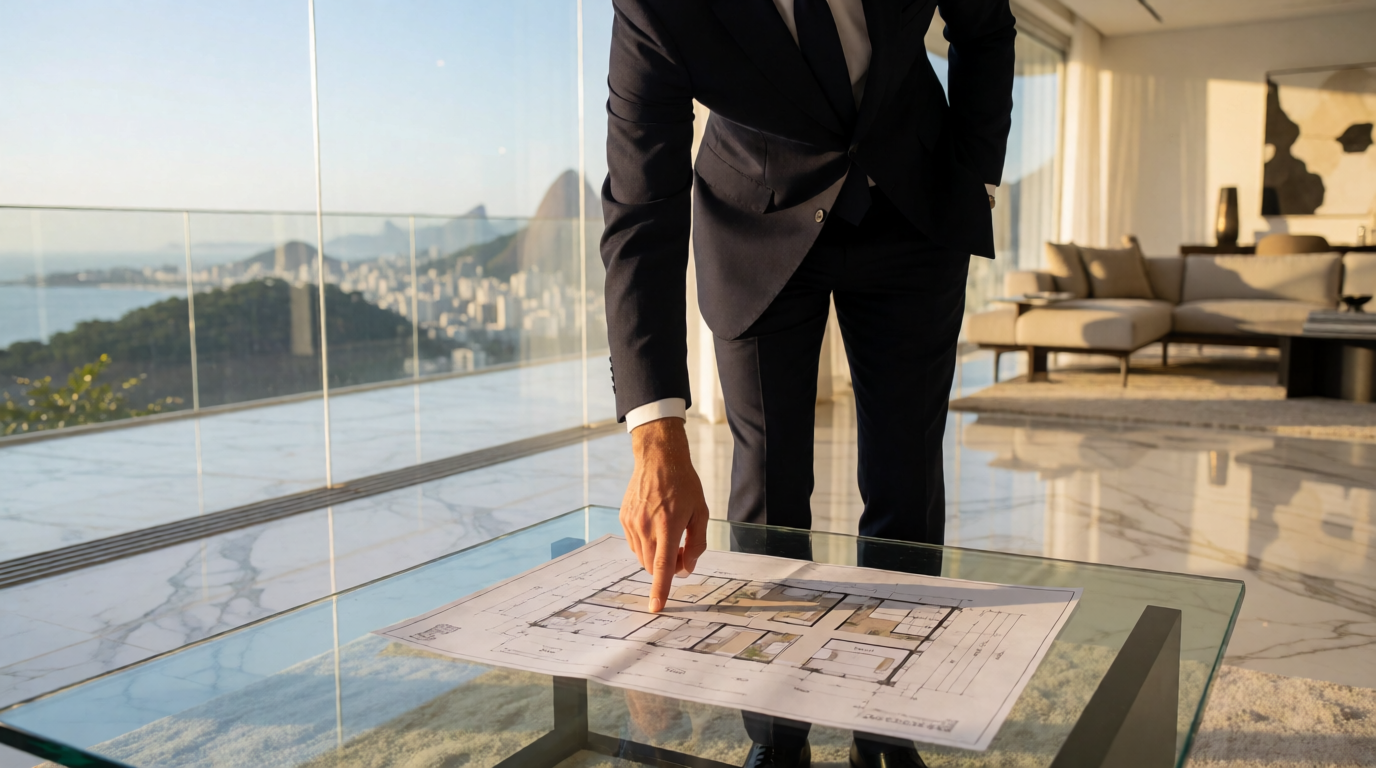 Corretor de imóveis mostrando planta de apartamento moderno