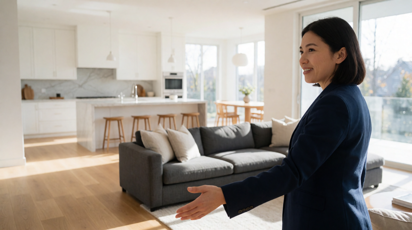 Corretor apresentando apartamento para cliente