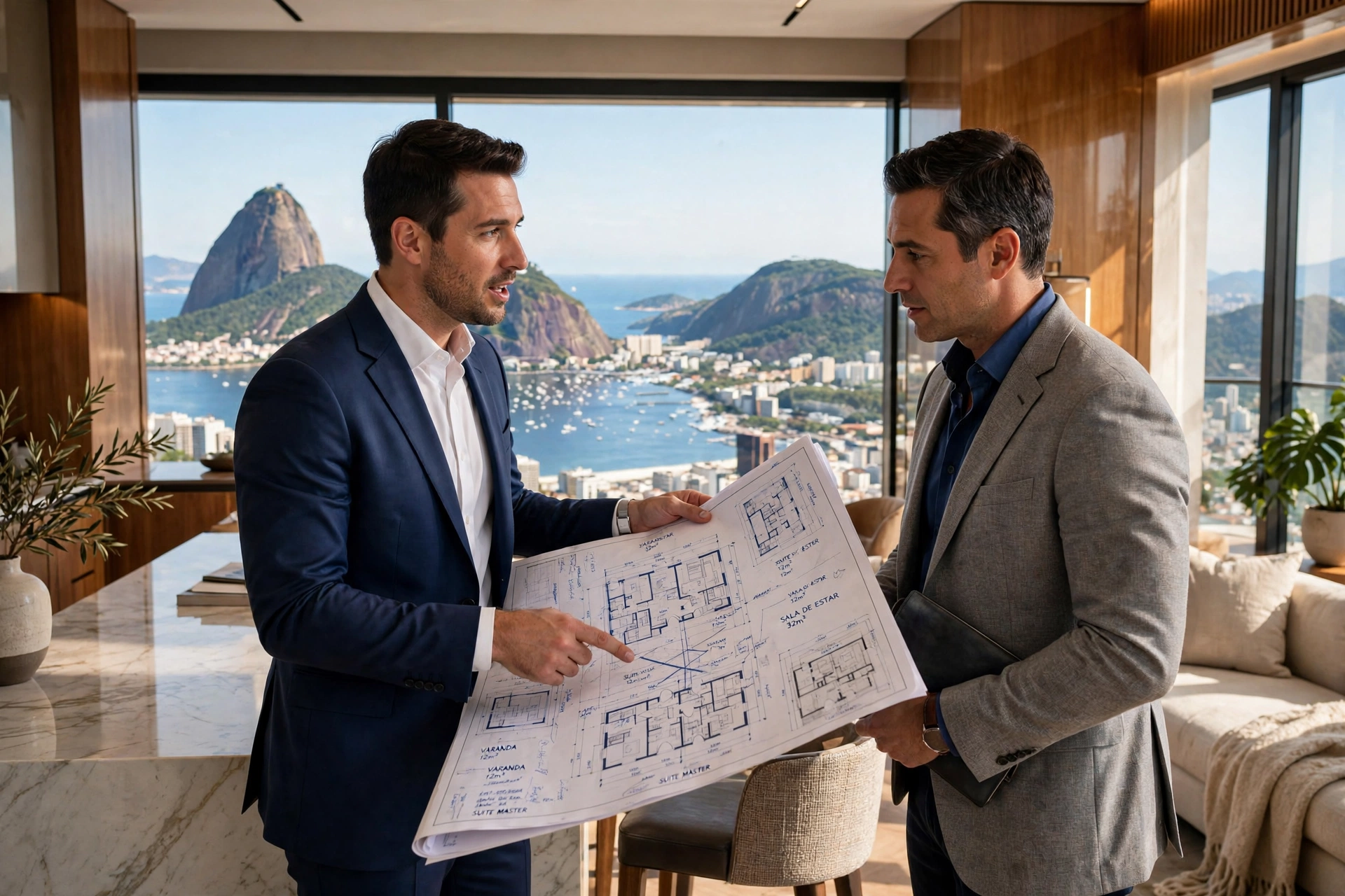 Consultor imobiliário mostrando plantas para cliente