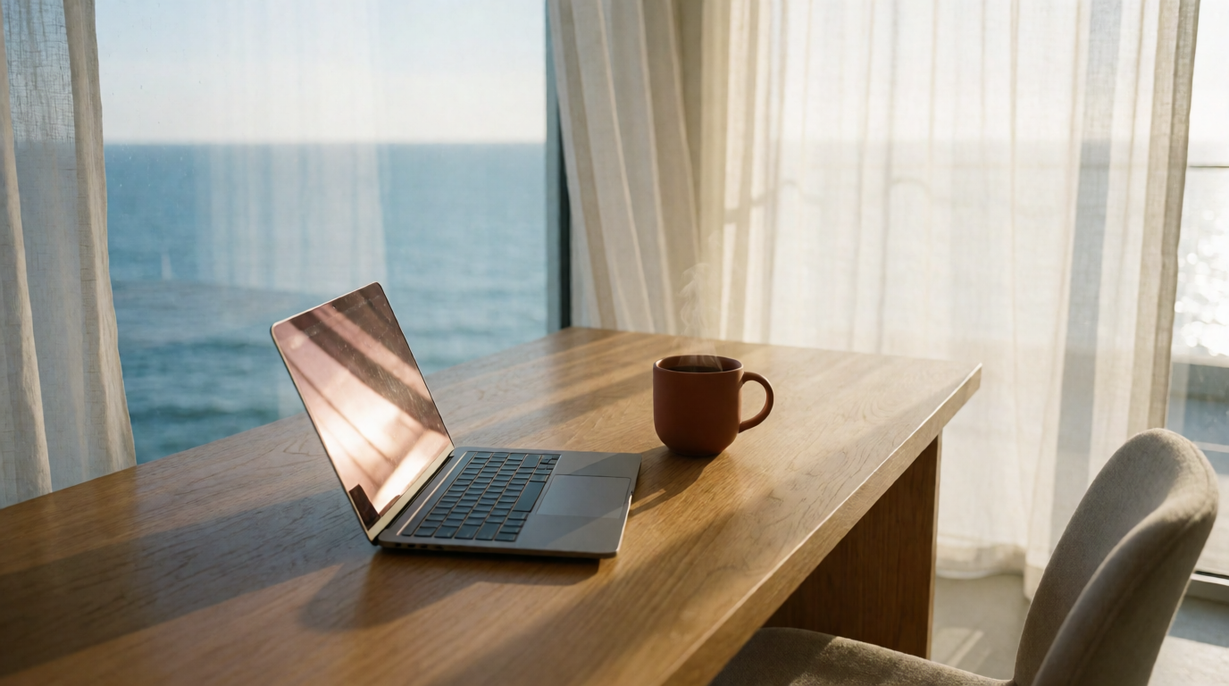 Interior de apartamento aconchegante com espaço de trabalho e vista para o mar