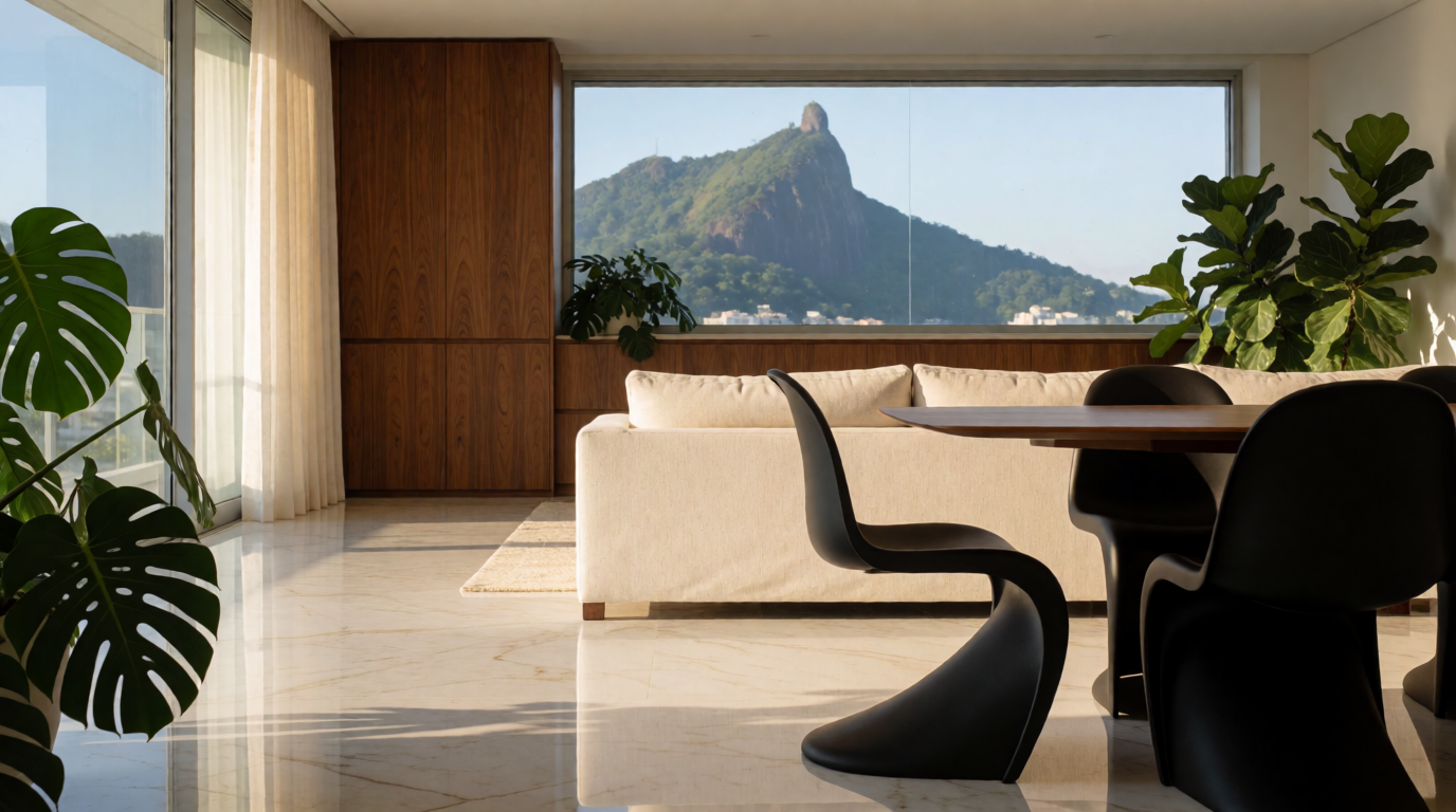 Interior de apartamento de alto padrão na Tijuca com vista para o Pico da Tijuca