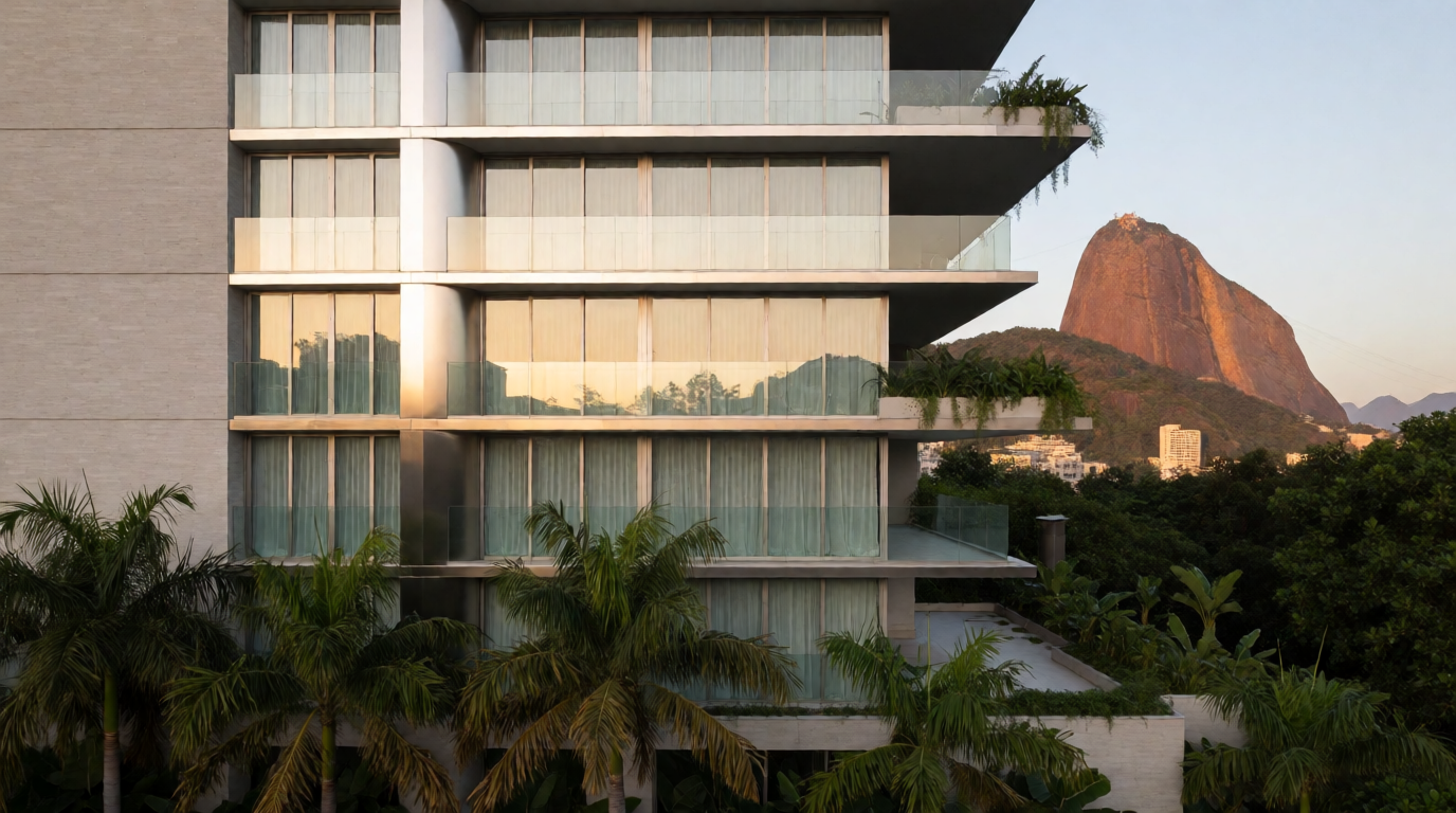 Prédio de luxo moderno em lançamento imobiliário no Rio de Janeiro