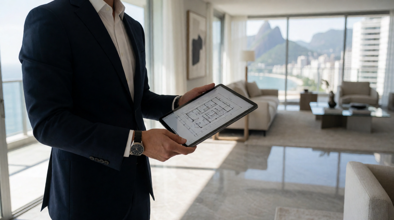 Corretor imobiliário mostrando planta de apartamento moderno em tablet