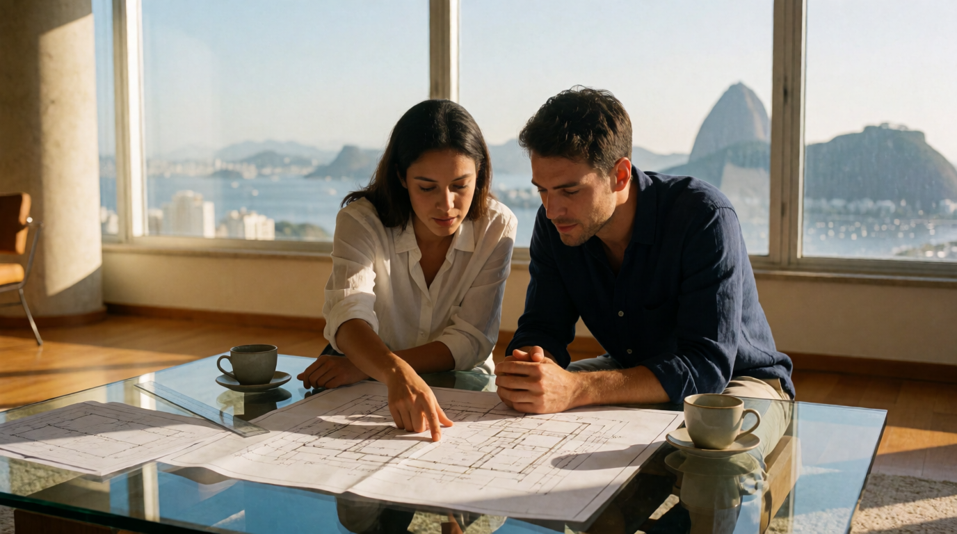 Casal analisando planta de studio no RJ
