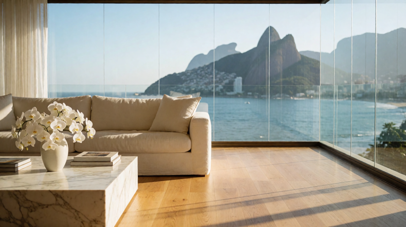 Sala de estar de apartamento de luxo com vista para o mar no Leblon
