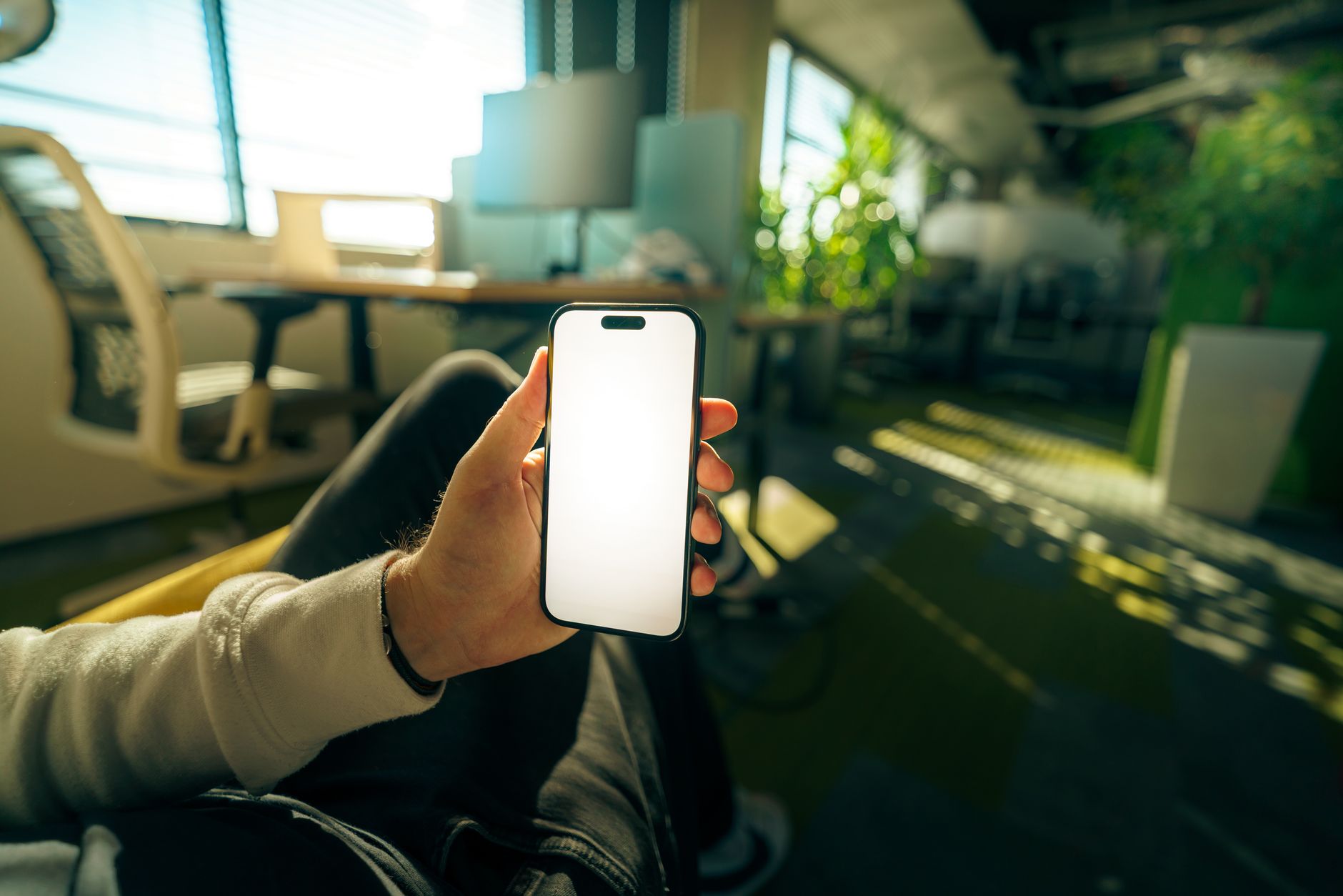 A hand holds a smartphone with a blank screen in a modern, plant-filled office setting.