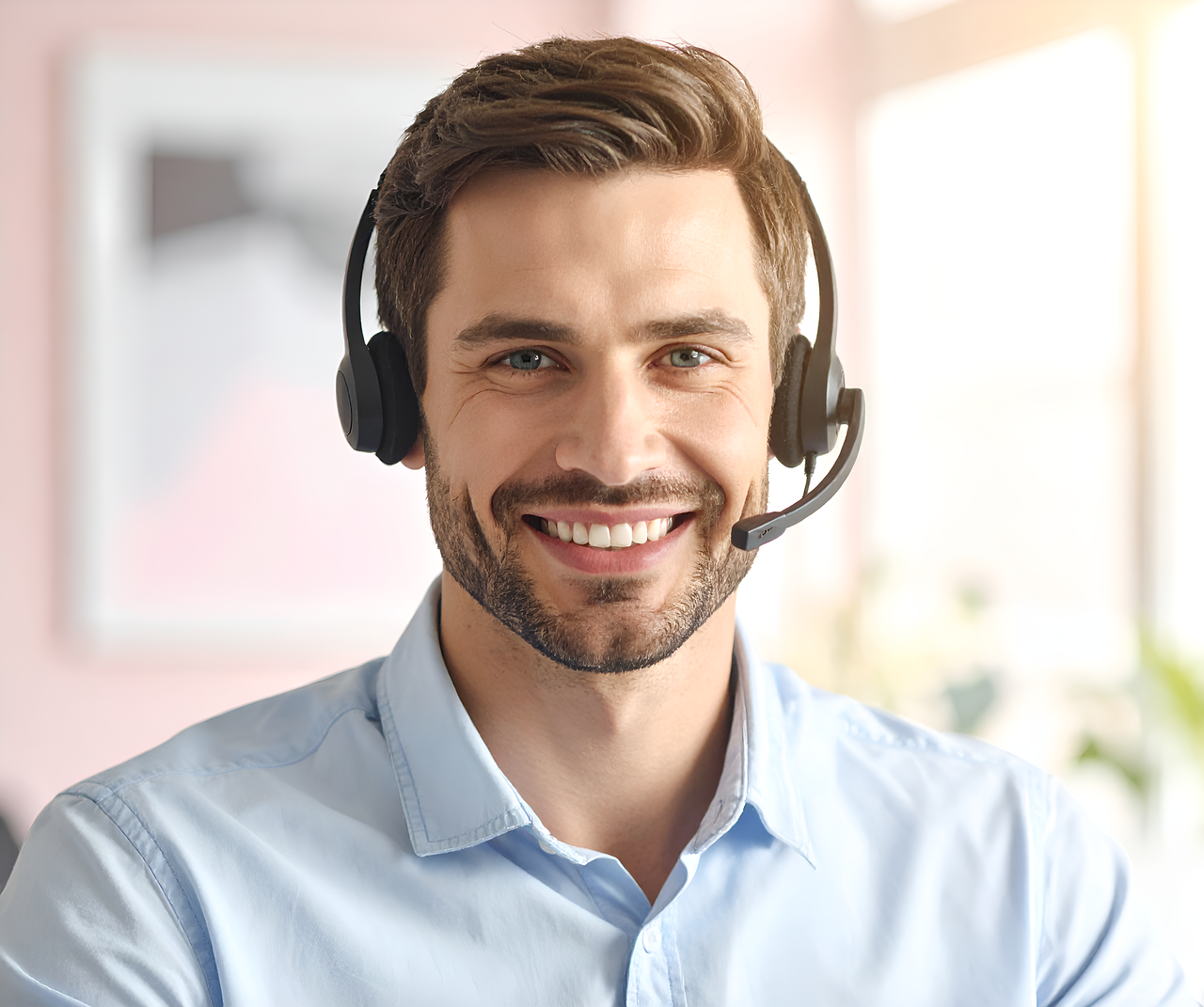 work, business, office work, headset, hotline, call center, communication, service, consulting, secretary, portrait, model, posing, man, beard, masculine, face, ai generated