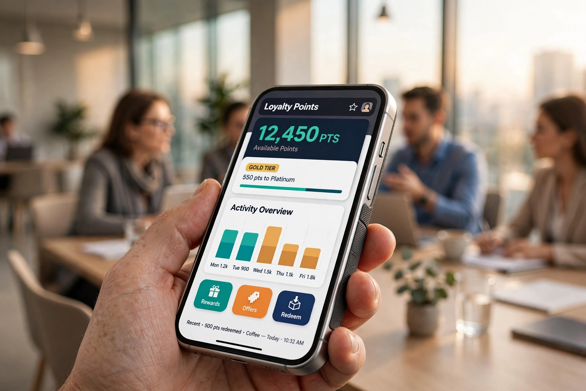 Mão segurando smartphone com aplicativo de programa de pontos e fidelidade