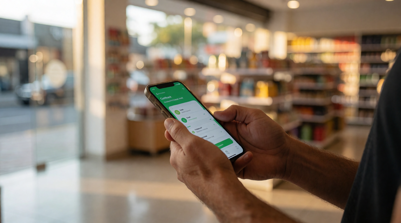 Cliente usando aplicativo de cashback em loja de Niterói