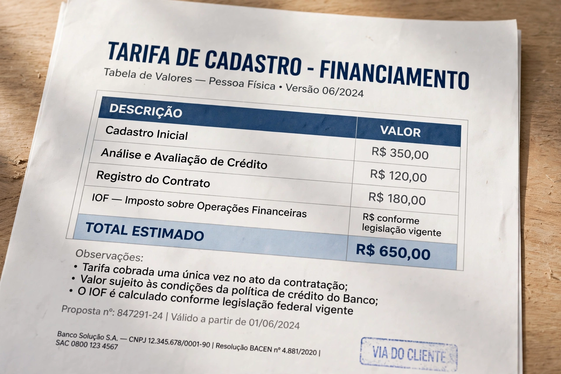 brazilian financial credit analysis office documents tarifa cadastro