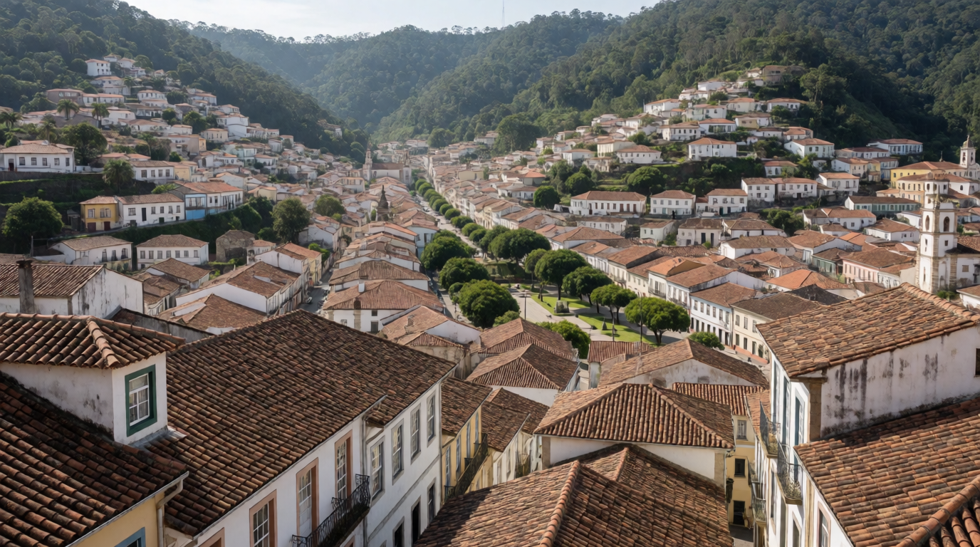 Vista da cidade de Poços de Caldas com suas fontes e comércio local