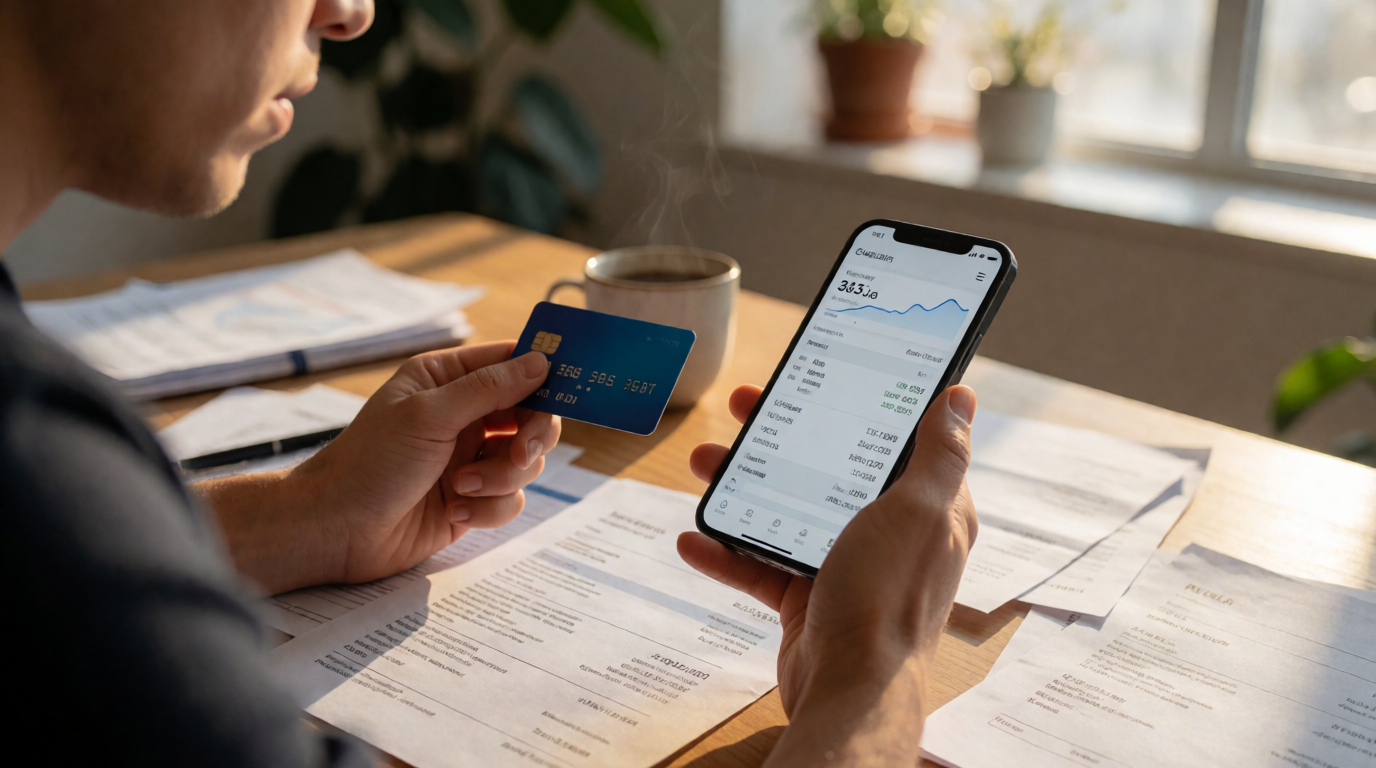 Pessoa segurando cartão de crédito olhando para o celular analisando extrato