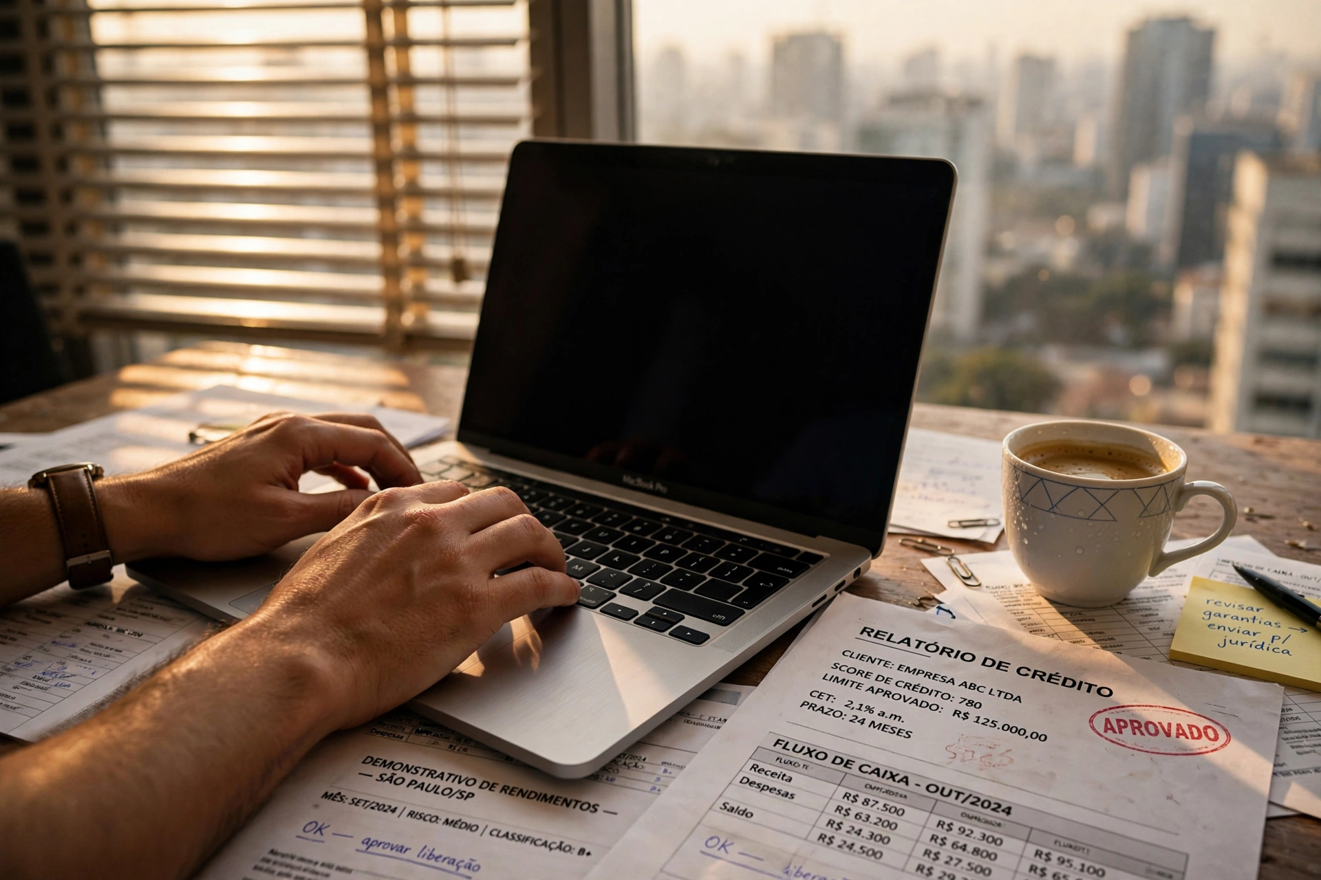 Pessoa analisando documentos financeiros no notebook