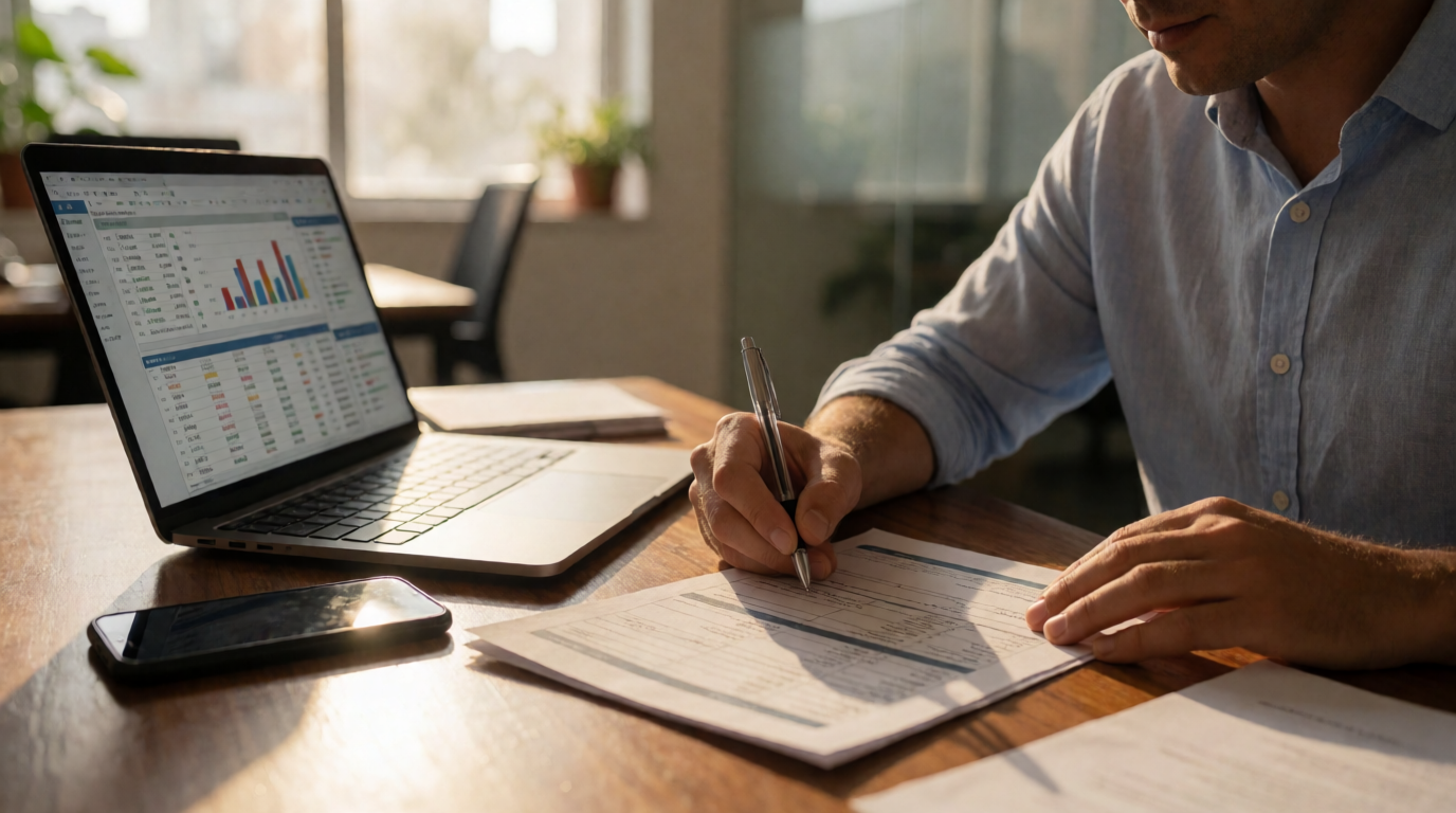 Pessoa escrevendo em formulário com notebook e smartphone