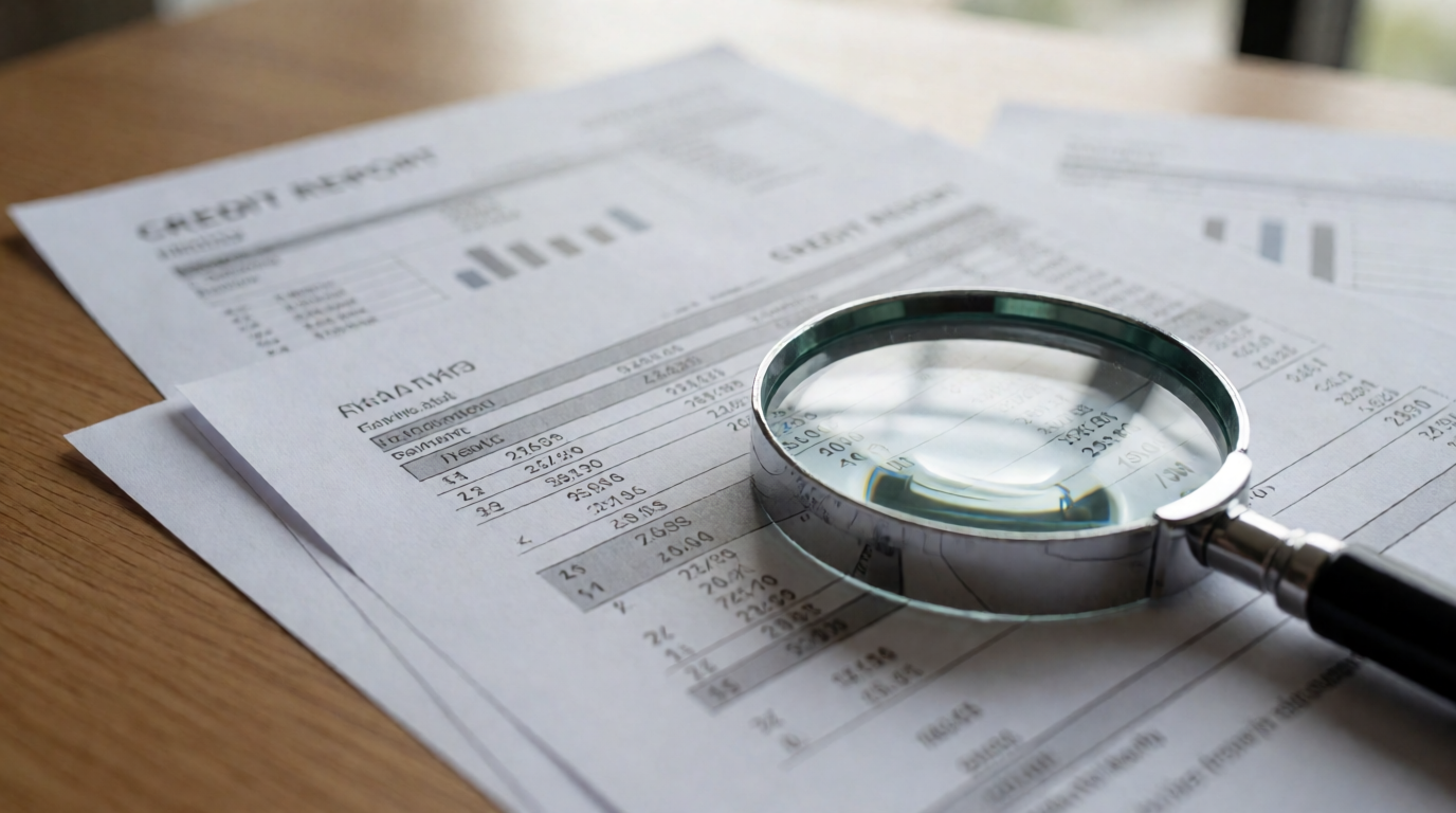 Relatório de crédito sendo analisado com lupa