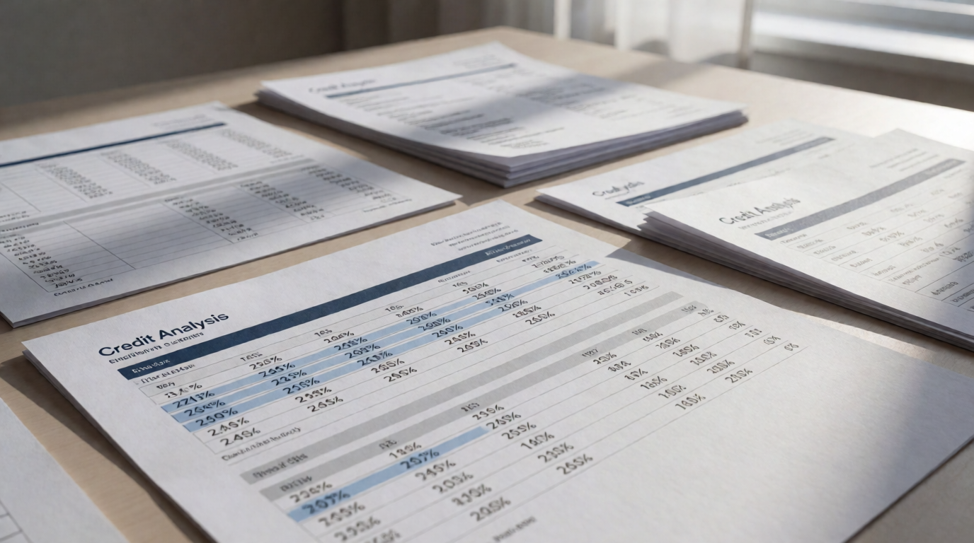 Analista avaliando relatórios de crédito e documentos financeiros