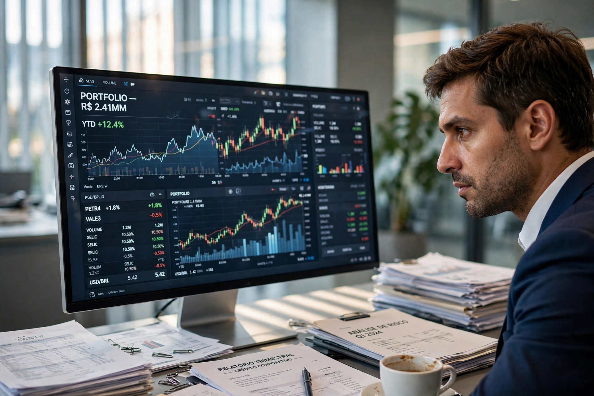 Analista de crédito examinando dados financeiros em um monitor de computador