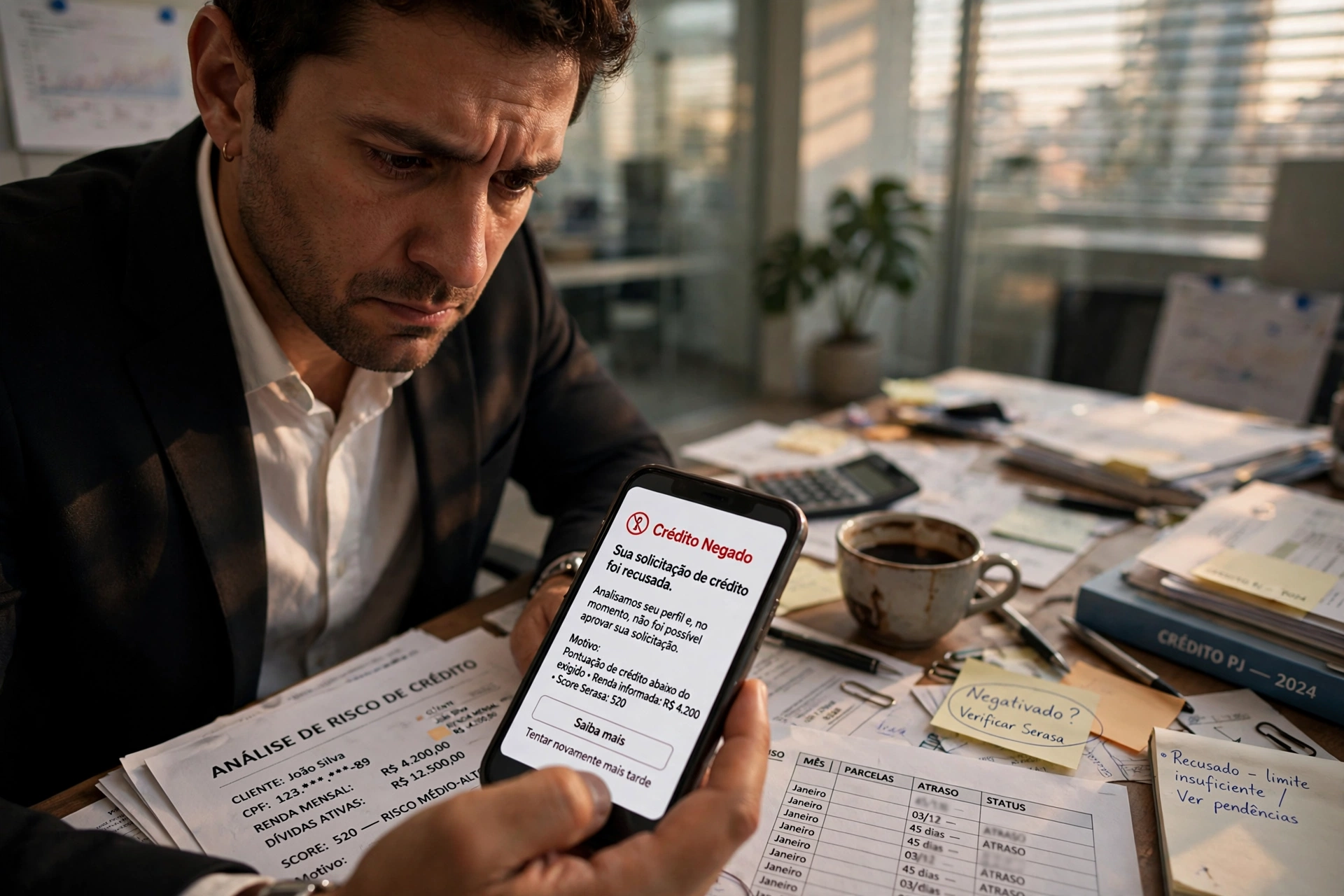 Pessoa frustrada olhando a tela do celular após crédito negado