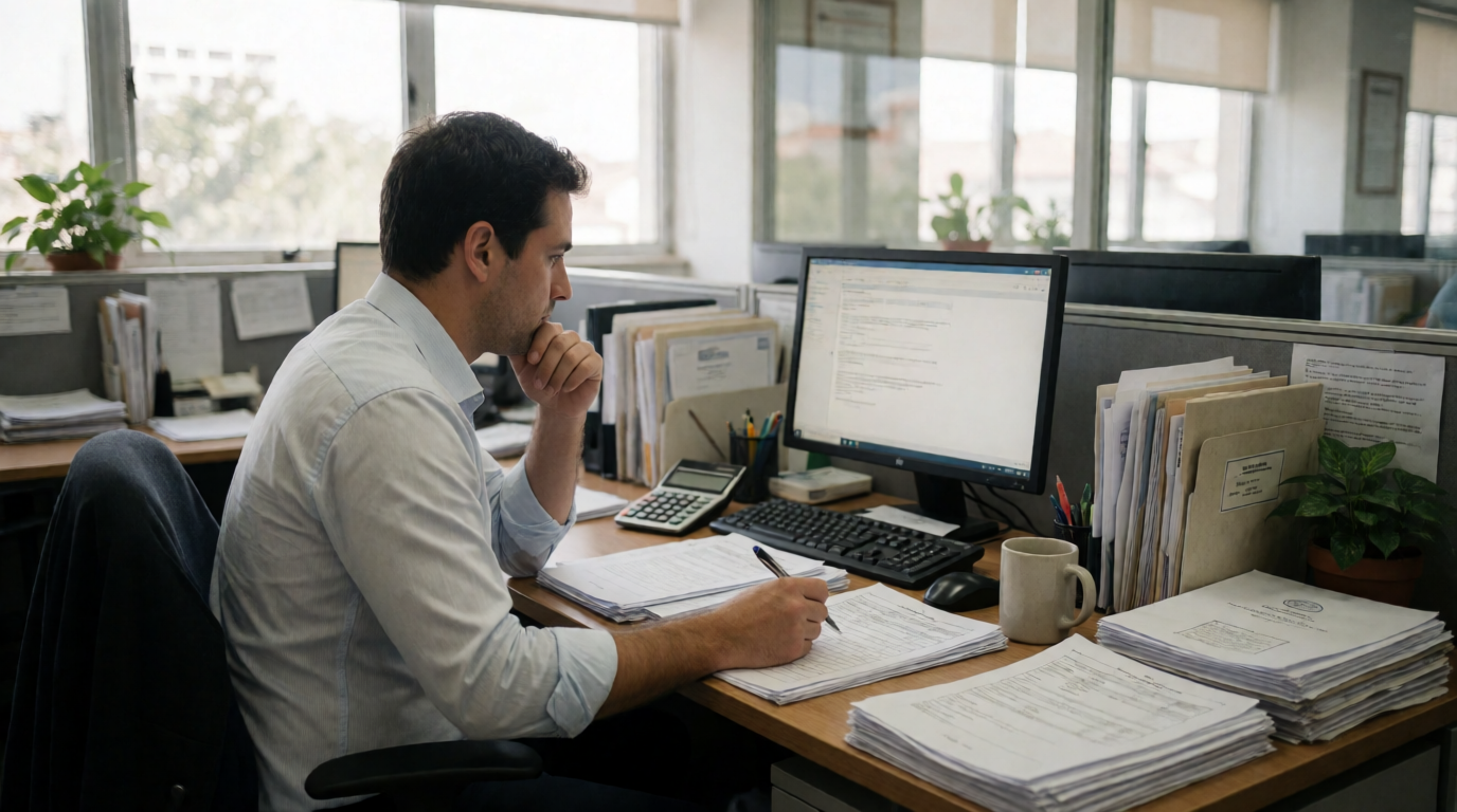 Funcionário de banco analisando documentos de empréstimo
