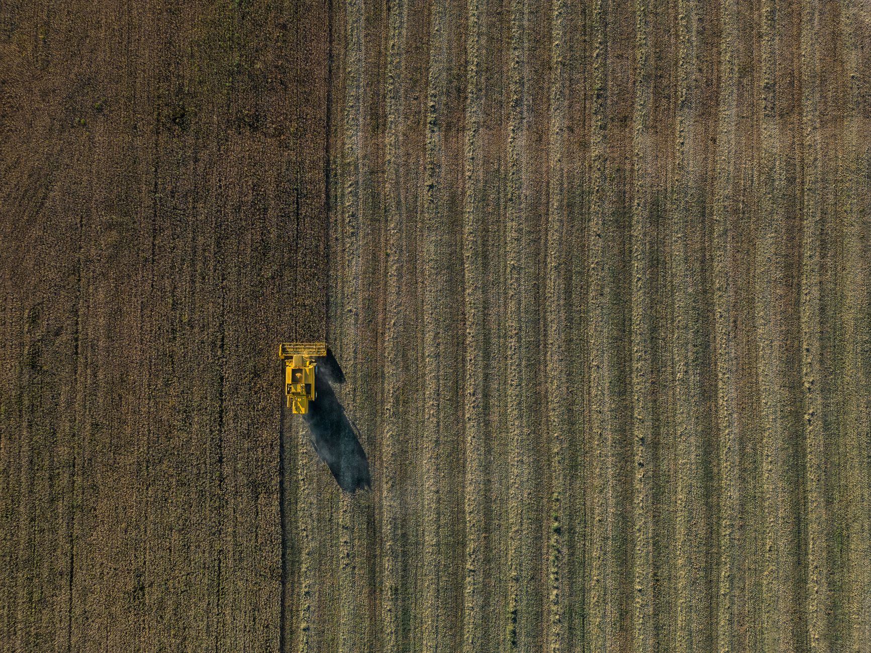 Drone shot of a combine harvester working on a vast agricultural field in Valladolid, Spain.
