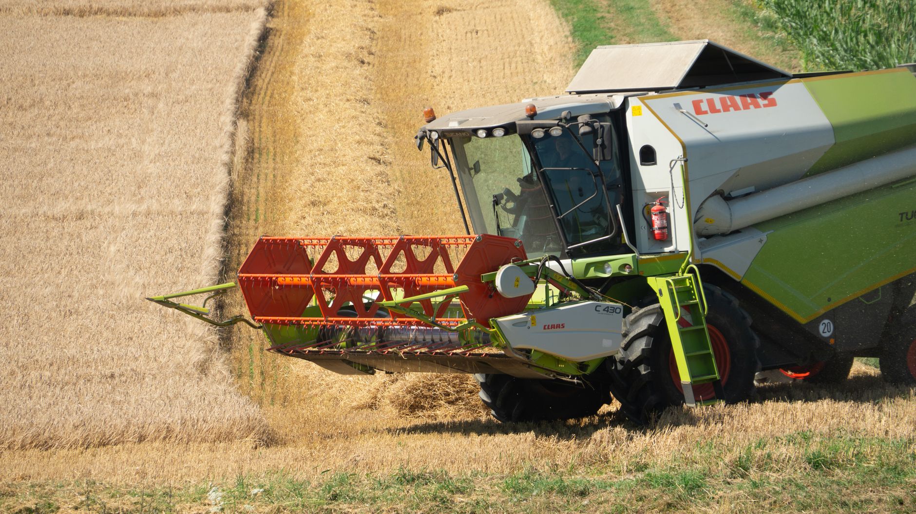 A combine harvester collecting wheat in a sunny countryside field, showcasing agricultural machinery in action.