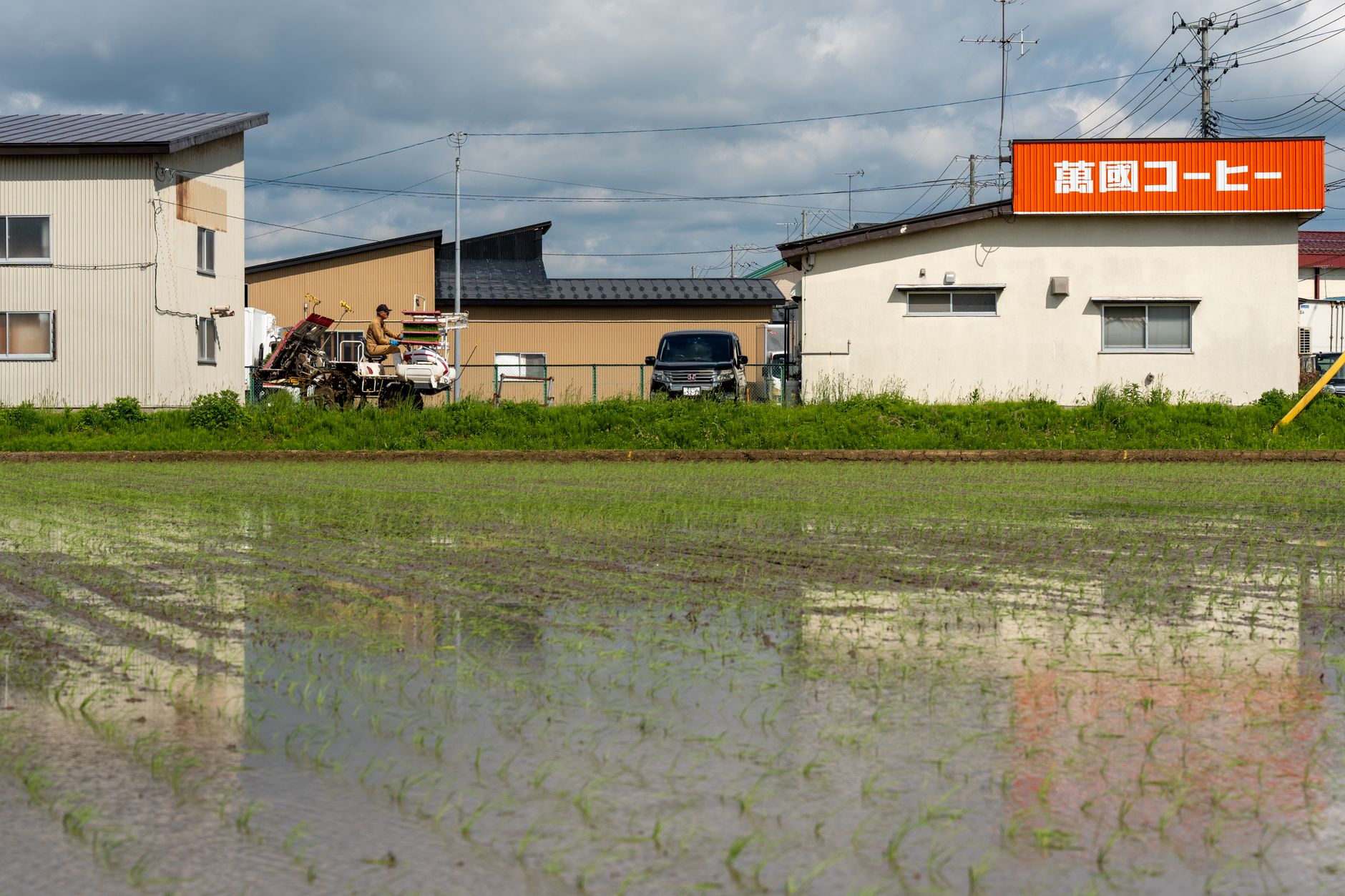 A serene rural landscape featuring a flooded rice paddy beside buildings under a cloudy sky.