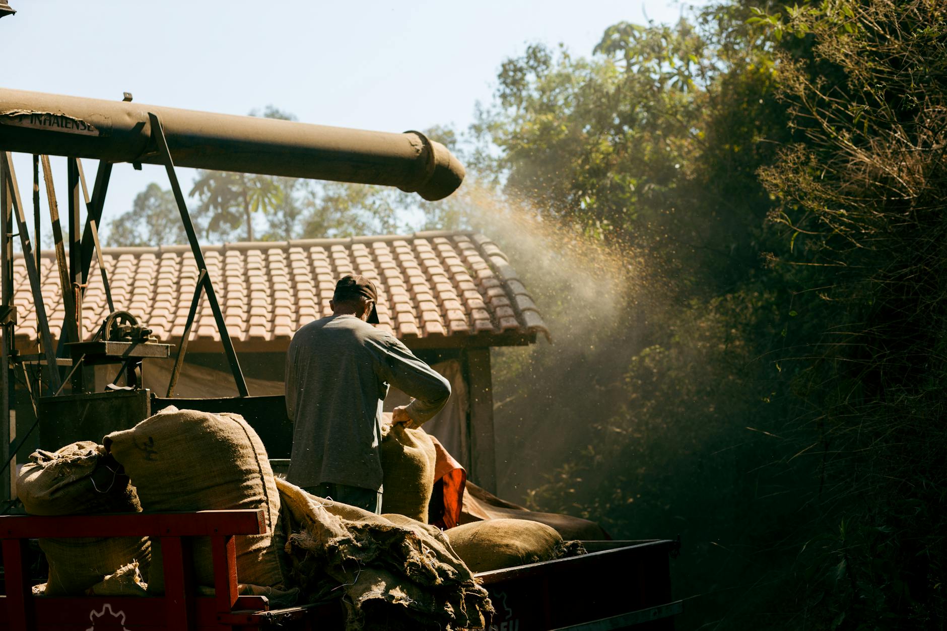 A worker processes coffee beans in a rustic setting in Espírito Santo do Pinhal, SP, Brazil.