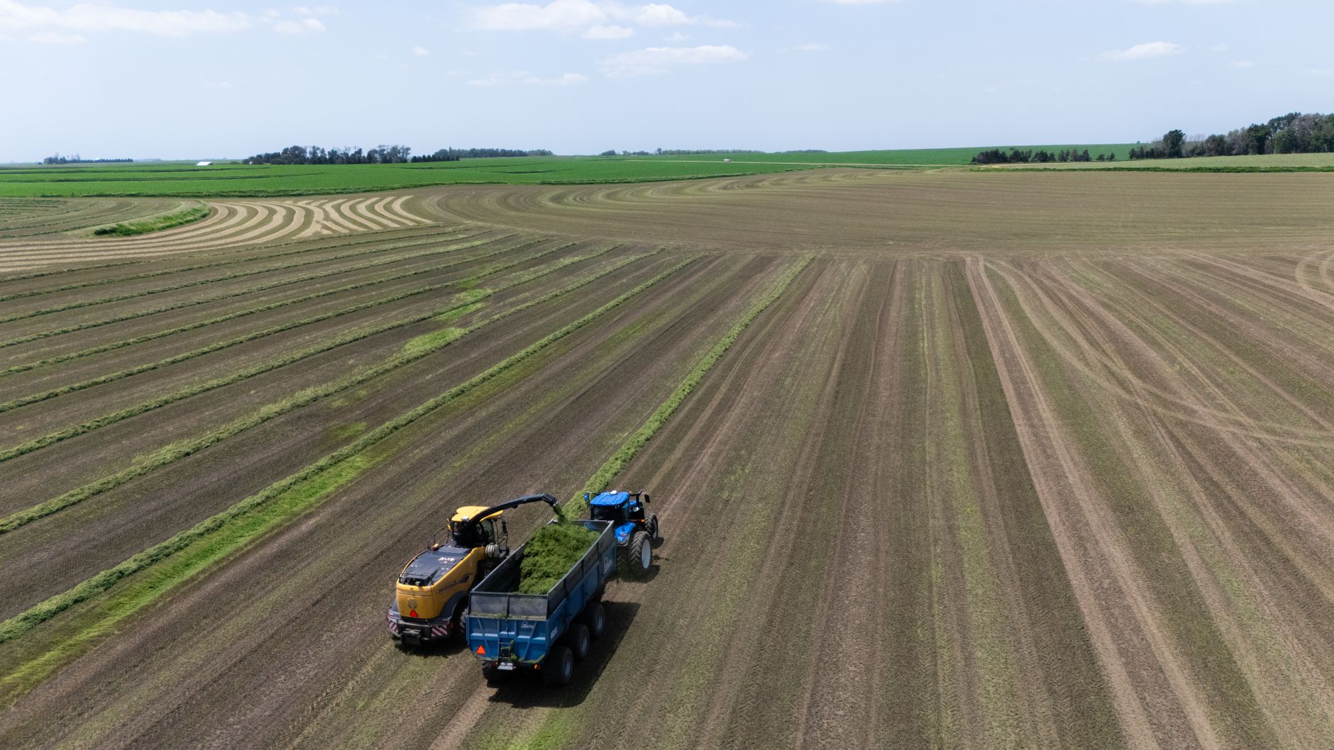 A tractor and harvester working in a vast, open farm field during harvest season.