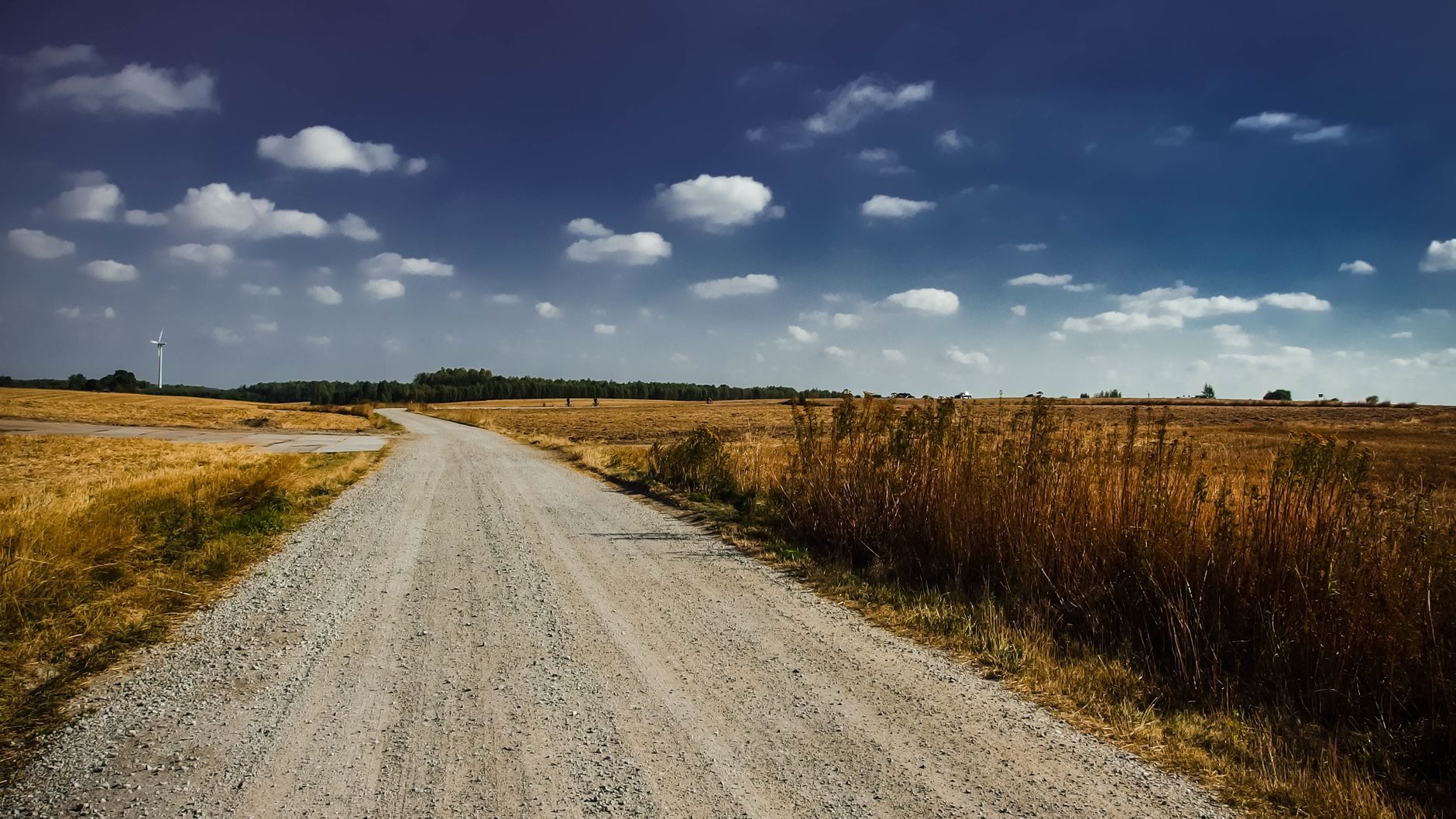 Scenic dirt road leading through countryside fields with a windmill under blue sky and fluffy clouds.