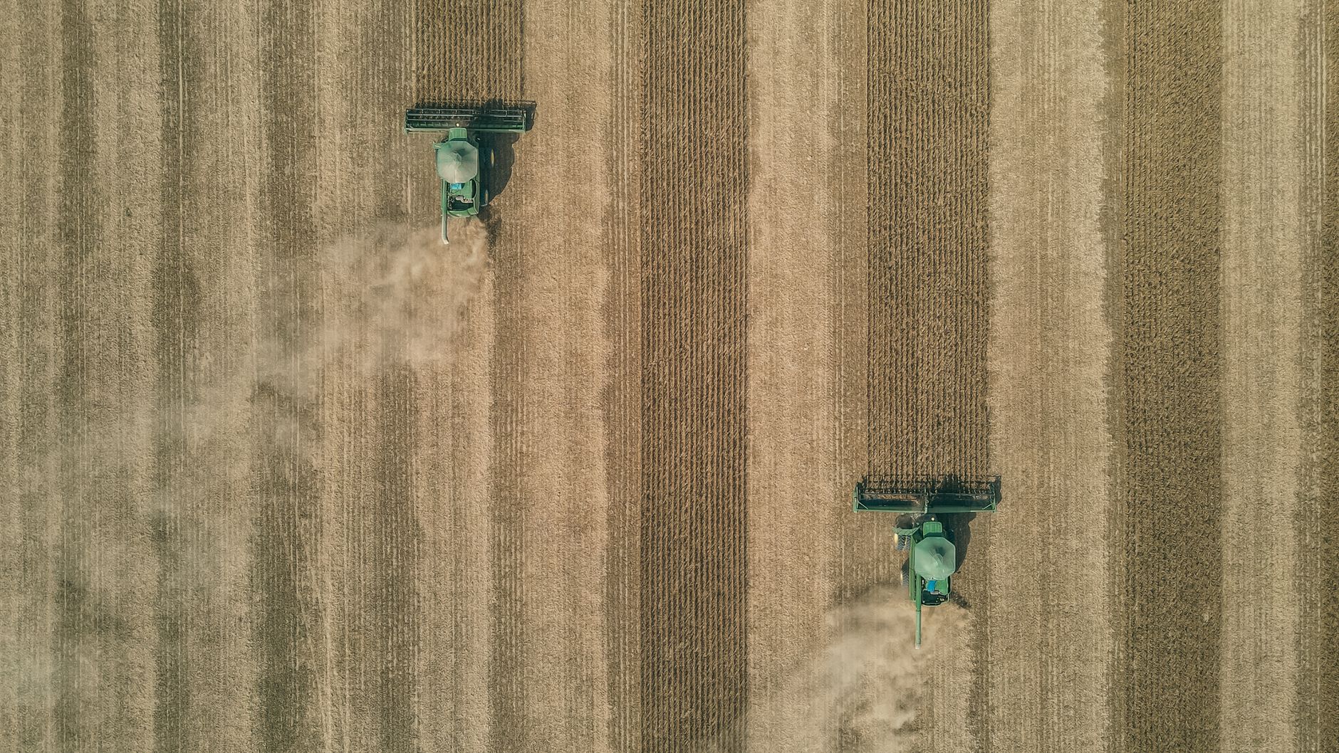 Drone captures two harvesters working in sprawling soybean fields in Brazil.