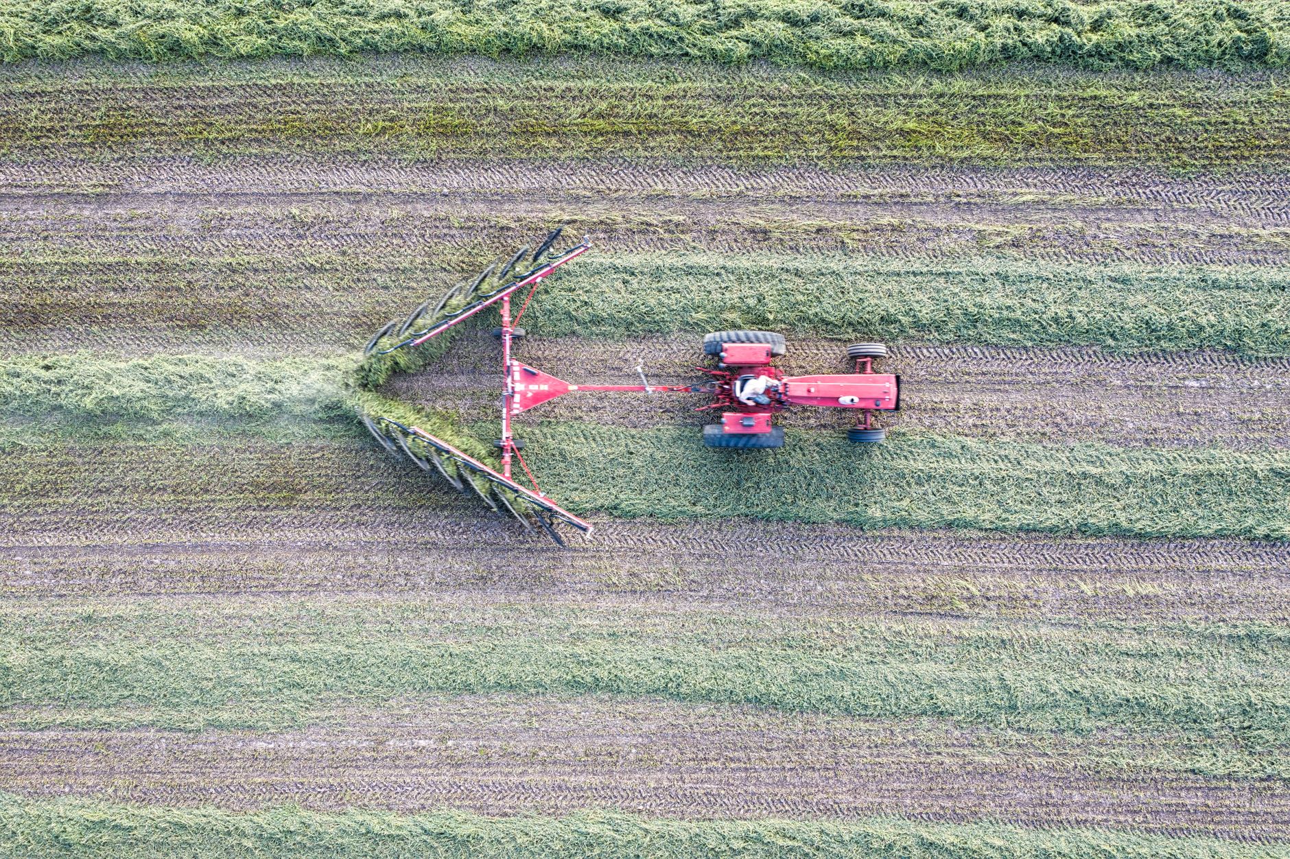 An aerial view captures a red tractor plowing the green fields of Minnesota's countryside.