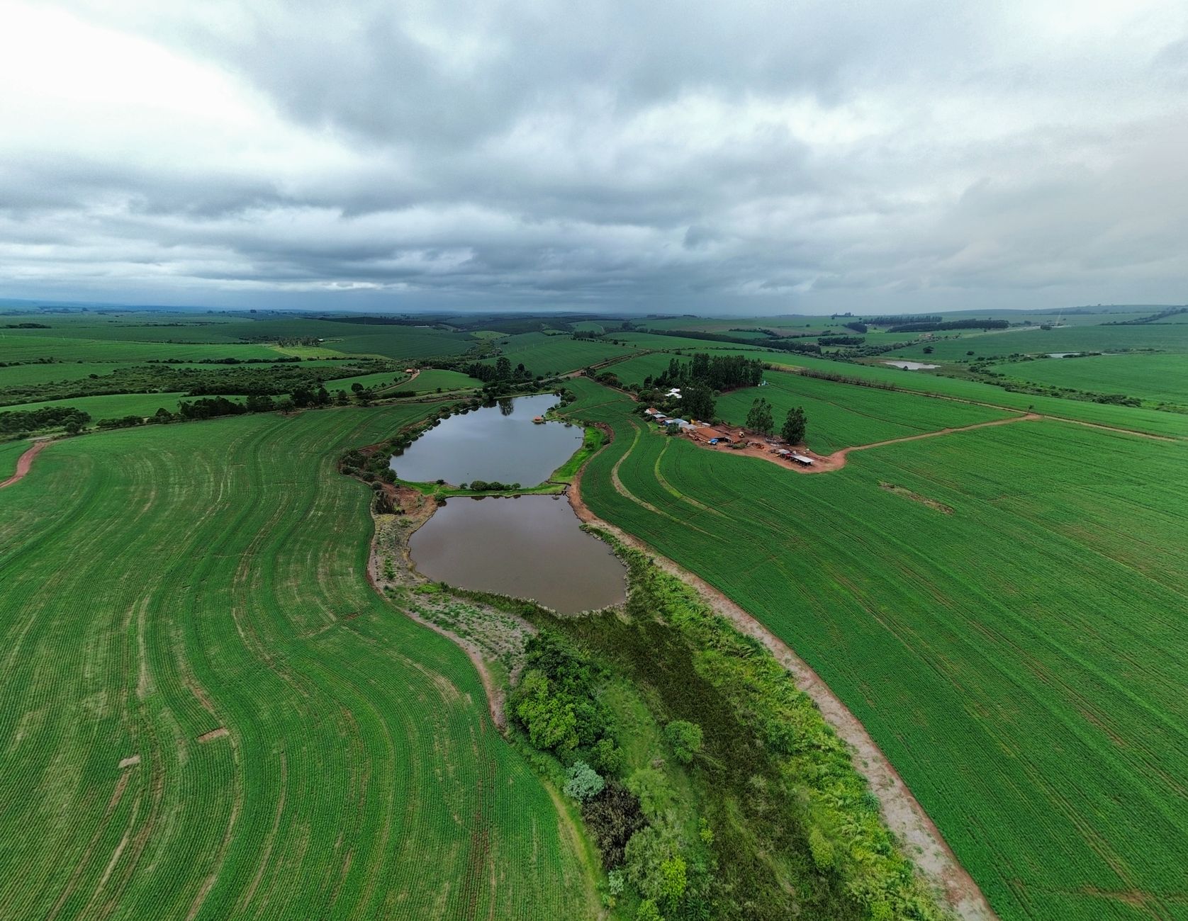 Expansive aerial view of lush green farmland and ponds in Brazil, showcasing rural landscape beauty.