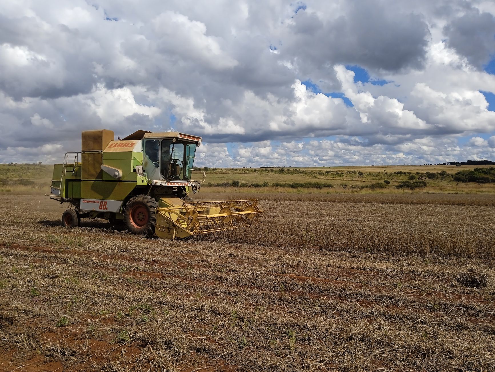 Combine harvester working in a rural field under dramatic clouded skies. Perfect for agriculture themes.
