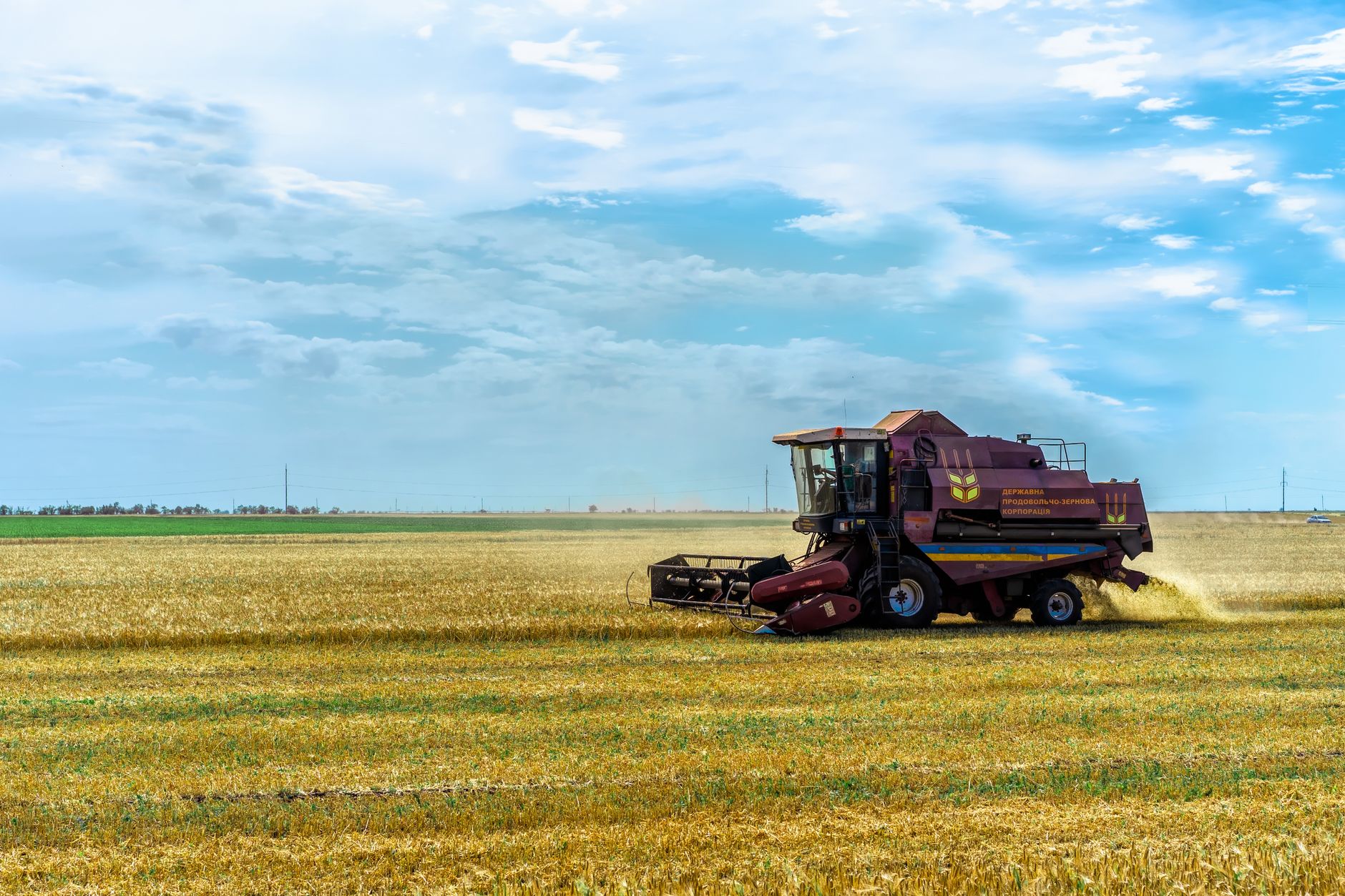 Combine harvester operating in a golden wheat field amidst the vast landscape of Ukraine.