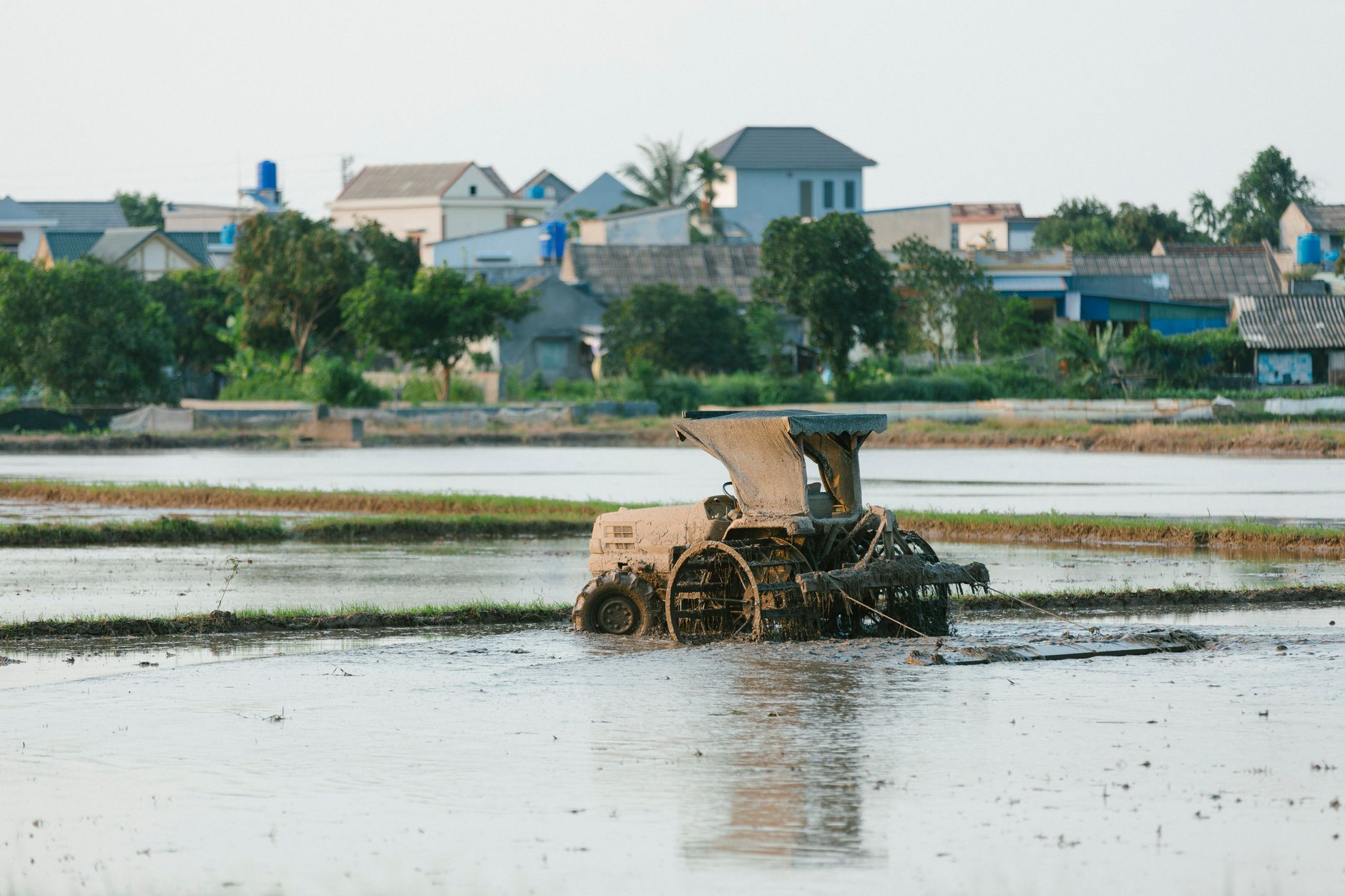 A tractor is seen plowing through a wet rice field with a village backdrop.