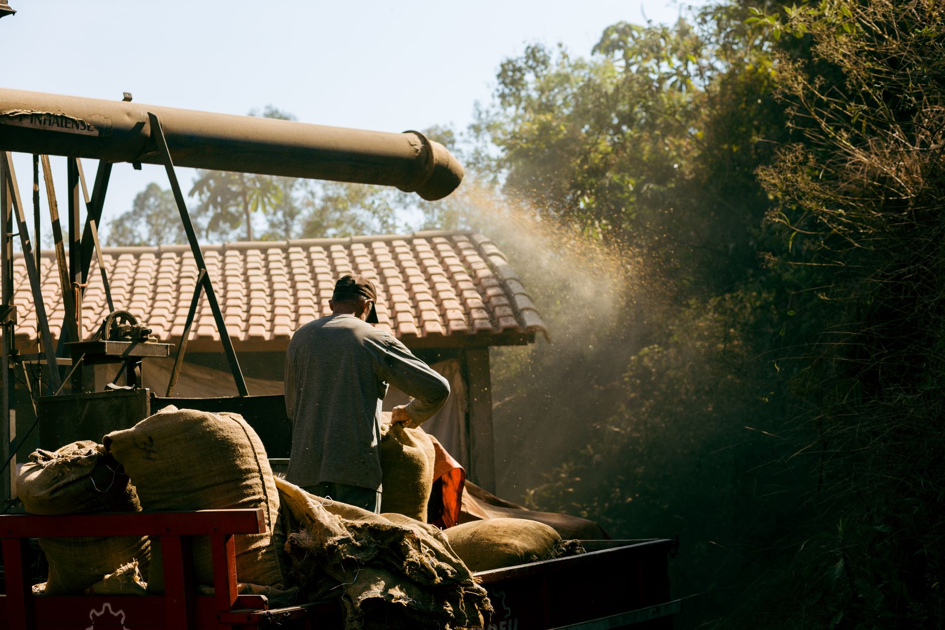 A worker processes coffee beans in a rustic setting in Espírito Santo do Pinhal, SP, Brazil.