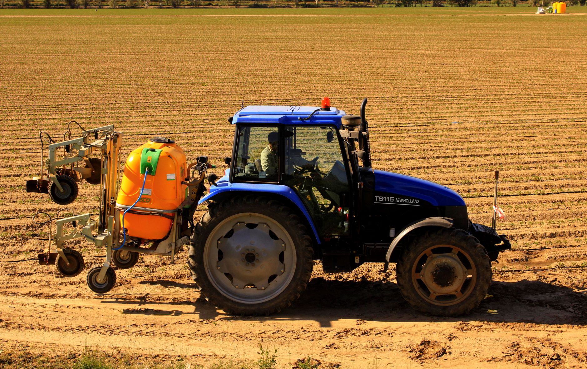 A blue tractor working on a sunlit farm field, highlighting agricultural machinery.