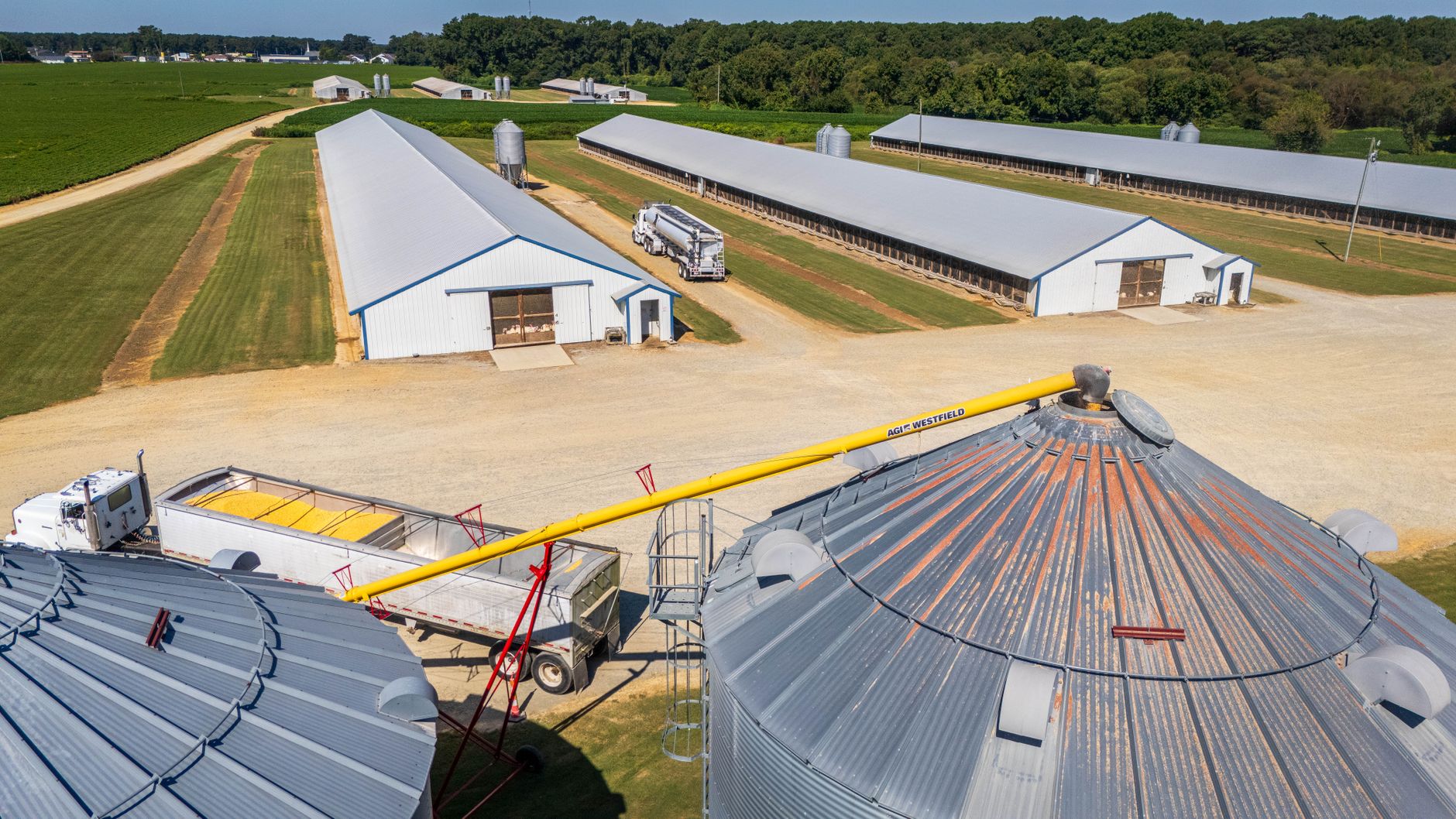 Aerial view of a large agricultural facility with silos, storage buildings, and trucks.