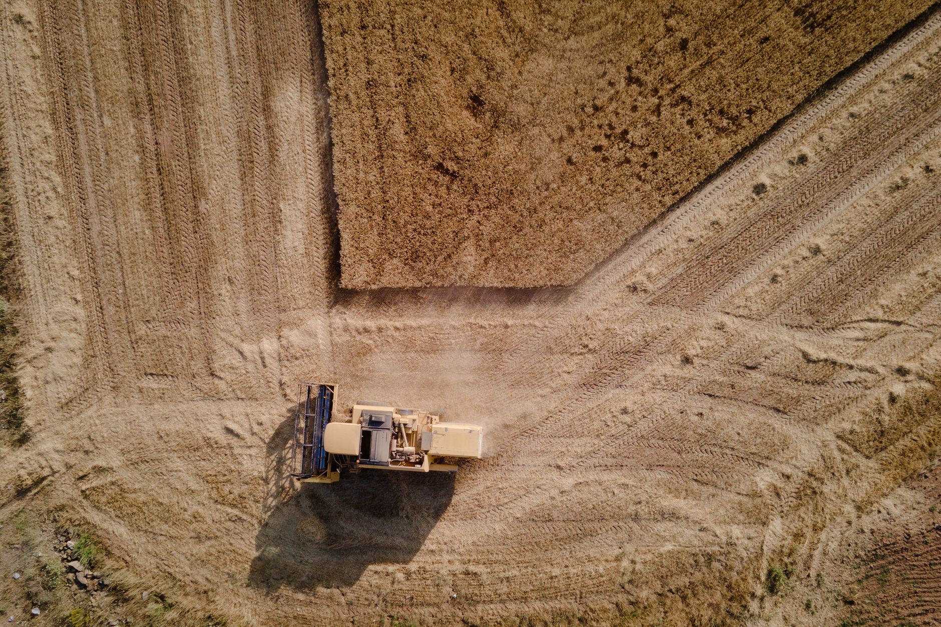 Drone captures a high-angle shot of a tractor working in a wheat field, creating dust trails.