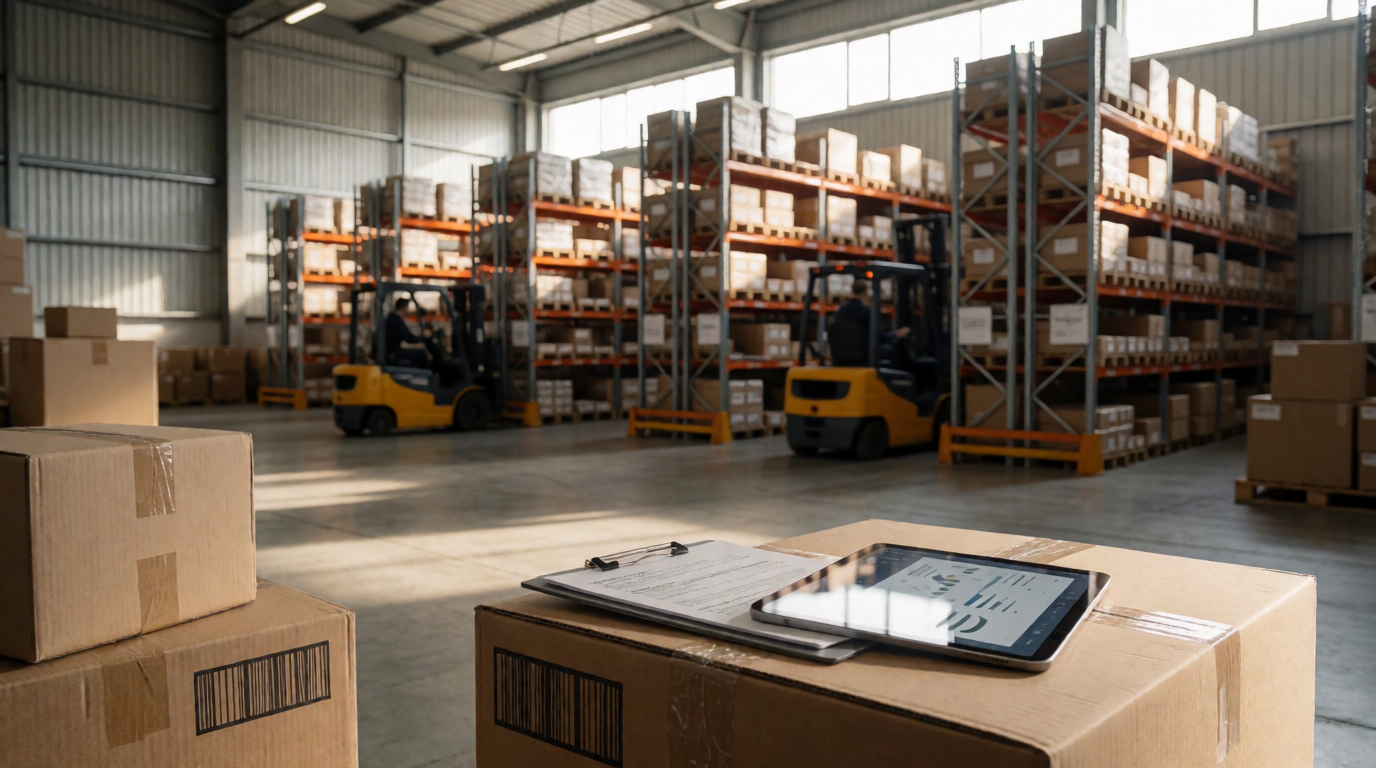 Armazém industrial com prateleiras organizadas