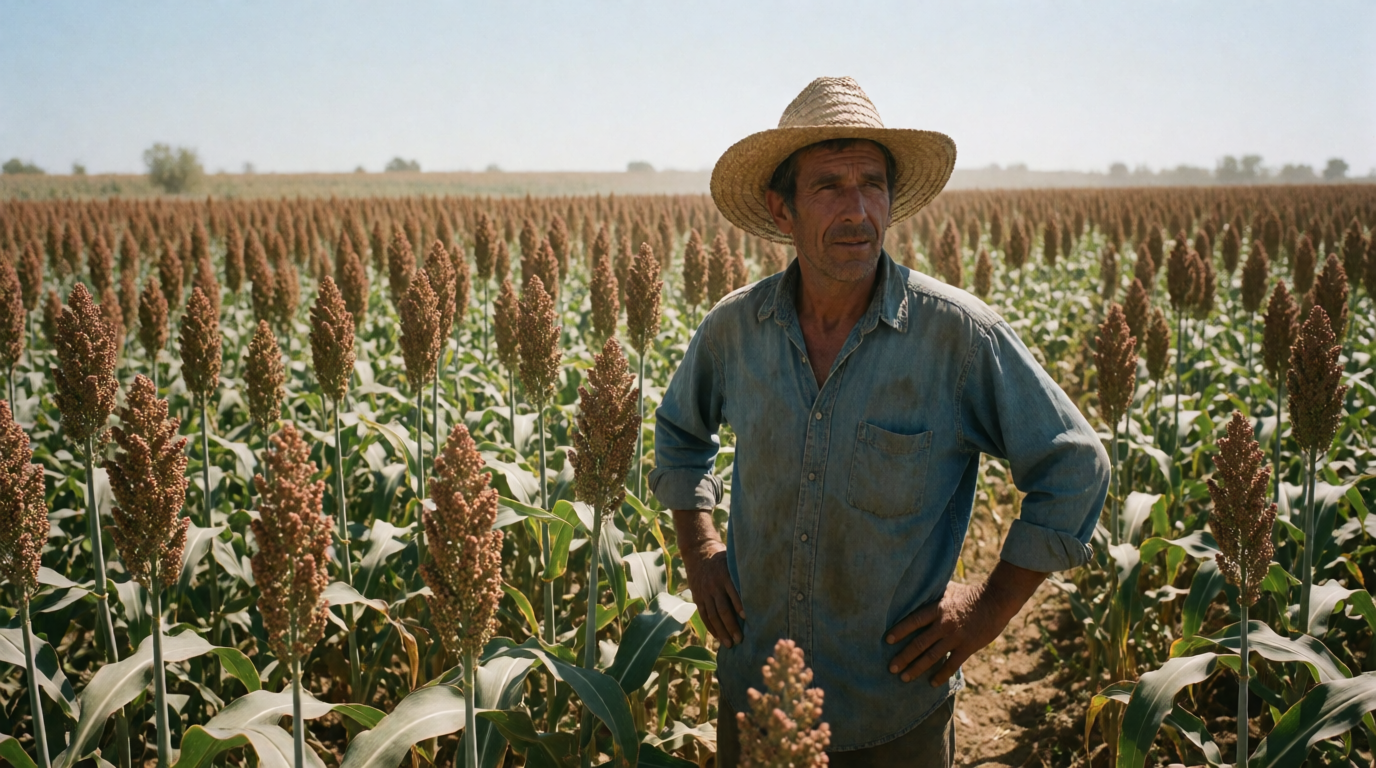 Produtor rural analisando cotações de sorgo em tablet