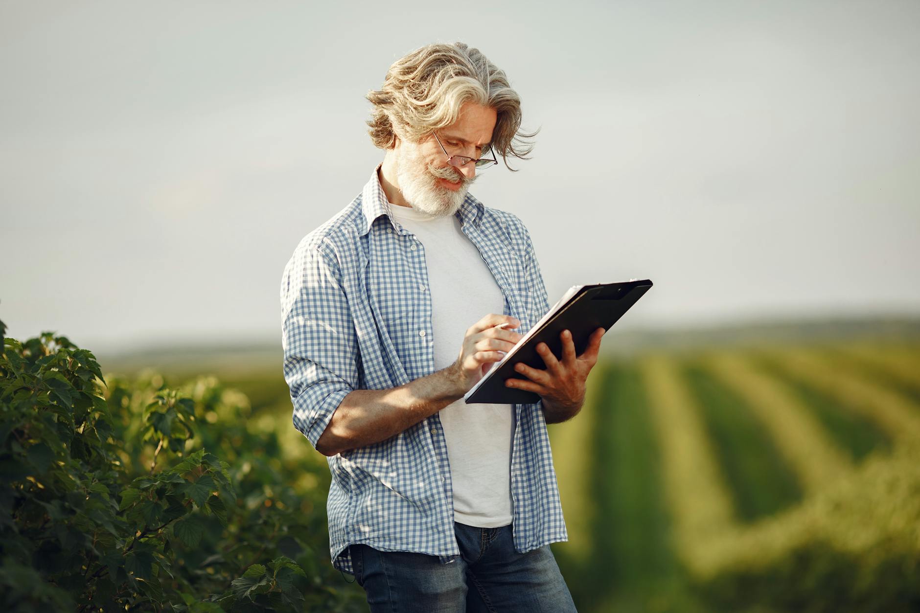 Documentos de financiamento agrícola com produtor no campo