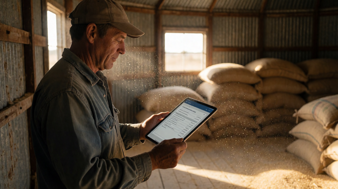 Produtor rural usando tablet para negociar grãos online