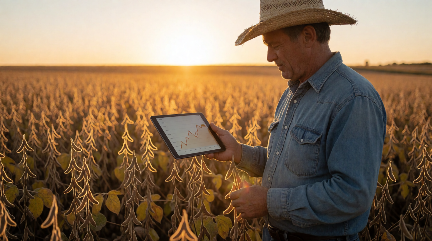 Produtor rural analisando cotações de soja em tablet no meio da lavoura