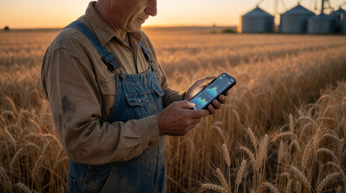 Produtor rural usando smartphone para verificar preços de grãos