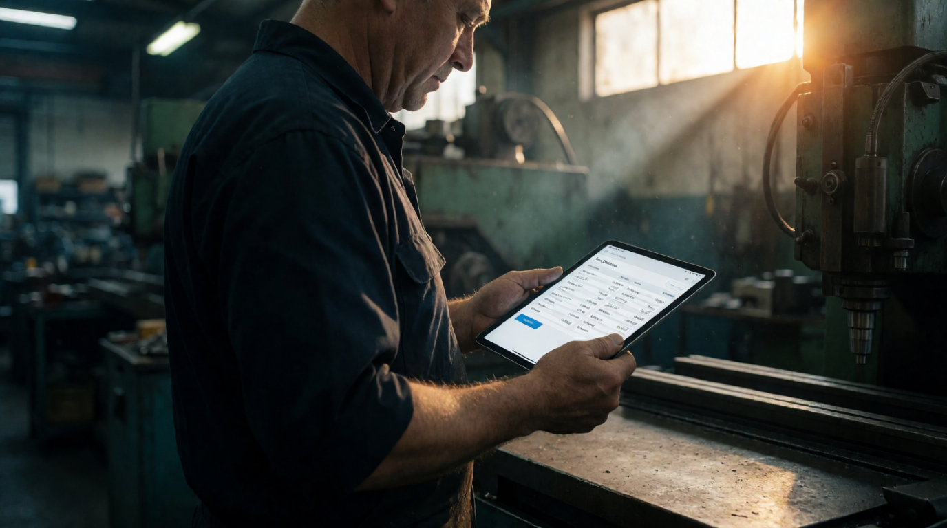 Operário utilizando tablet para cotação de peças